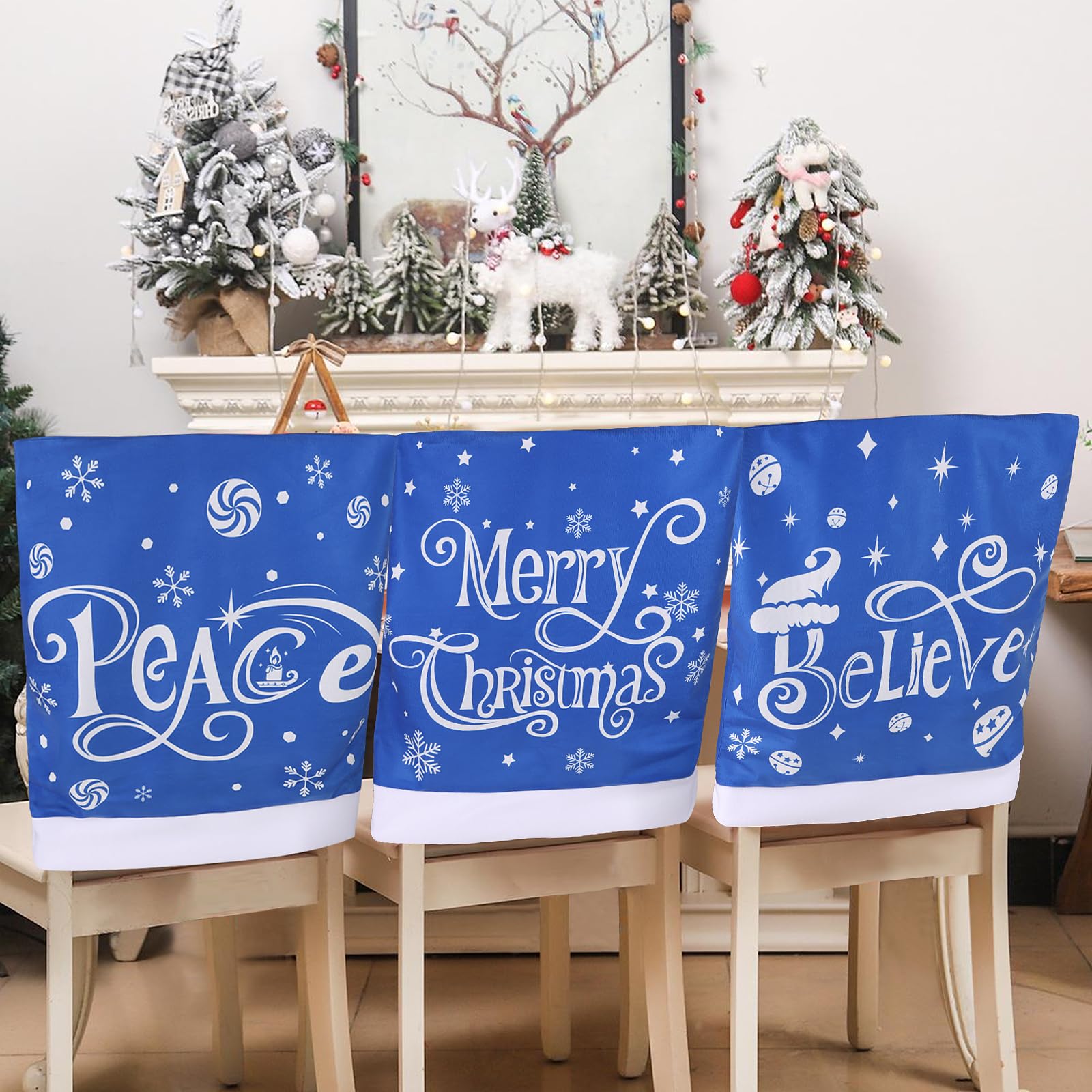 CCINEE 4pcs Christmas Chair Covers for Dining Rooms,Blue Holiday Chair Slipcovers for Kitchen Wedding Xmas Party Table Decor Win