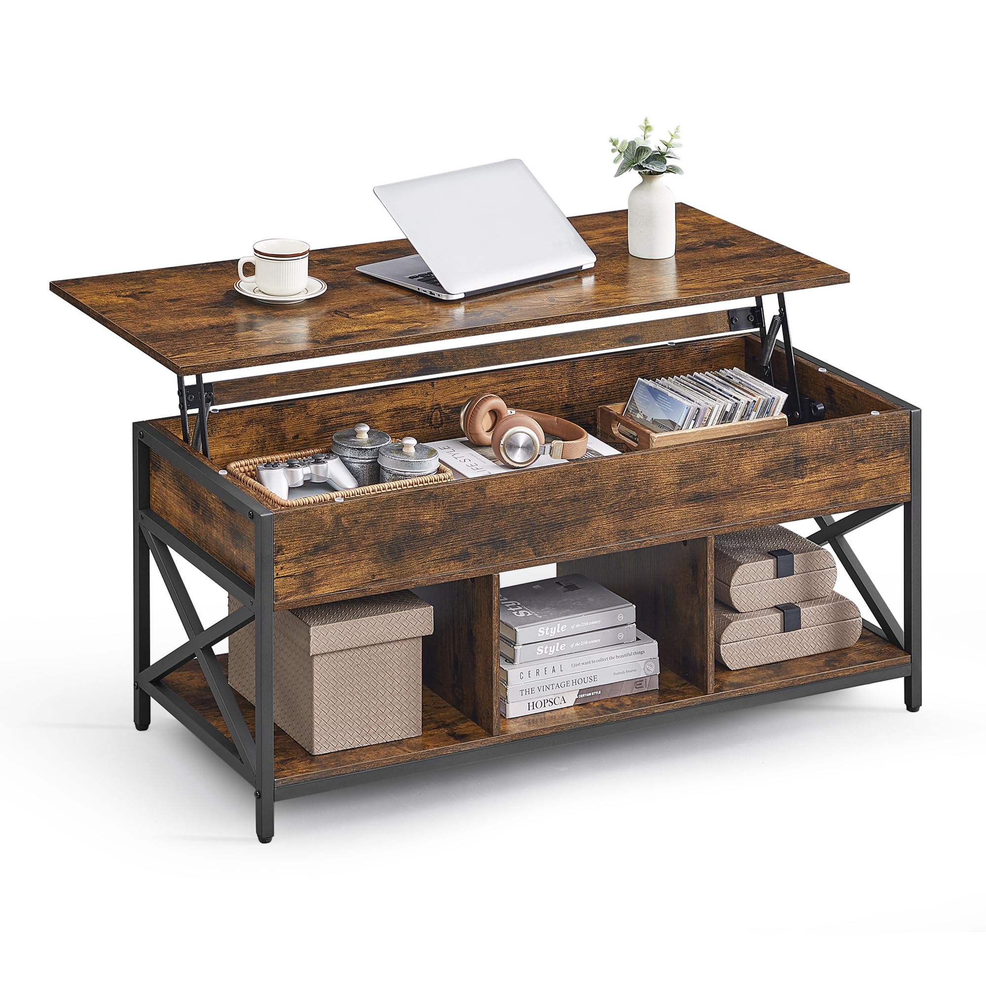 VASAGLE Lift Top Coffee Table, Coffee Table with Storage Shelf, Hidden Compartments and Lifting Top, for Living Room, Office, 19