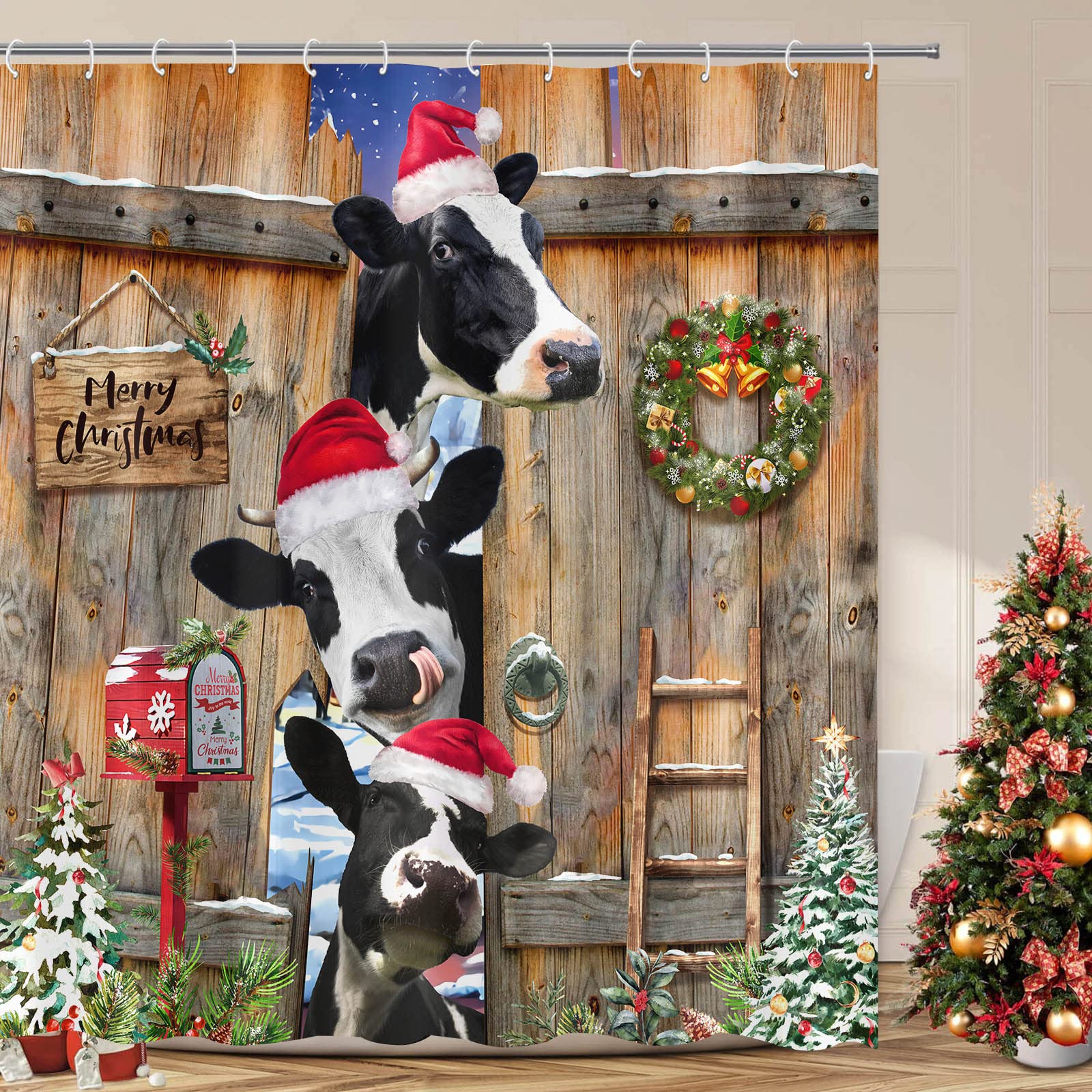 Accnicc Christmas Shower Curtain Set Funny Farmhouse Cow Shower Curtains for Bathroom Rustic Winter Xmas Tree Cute Waterproof Fa