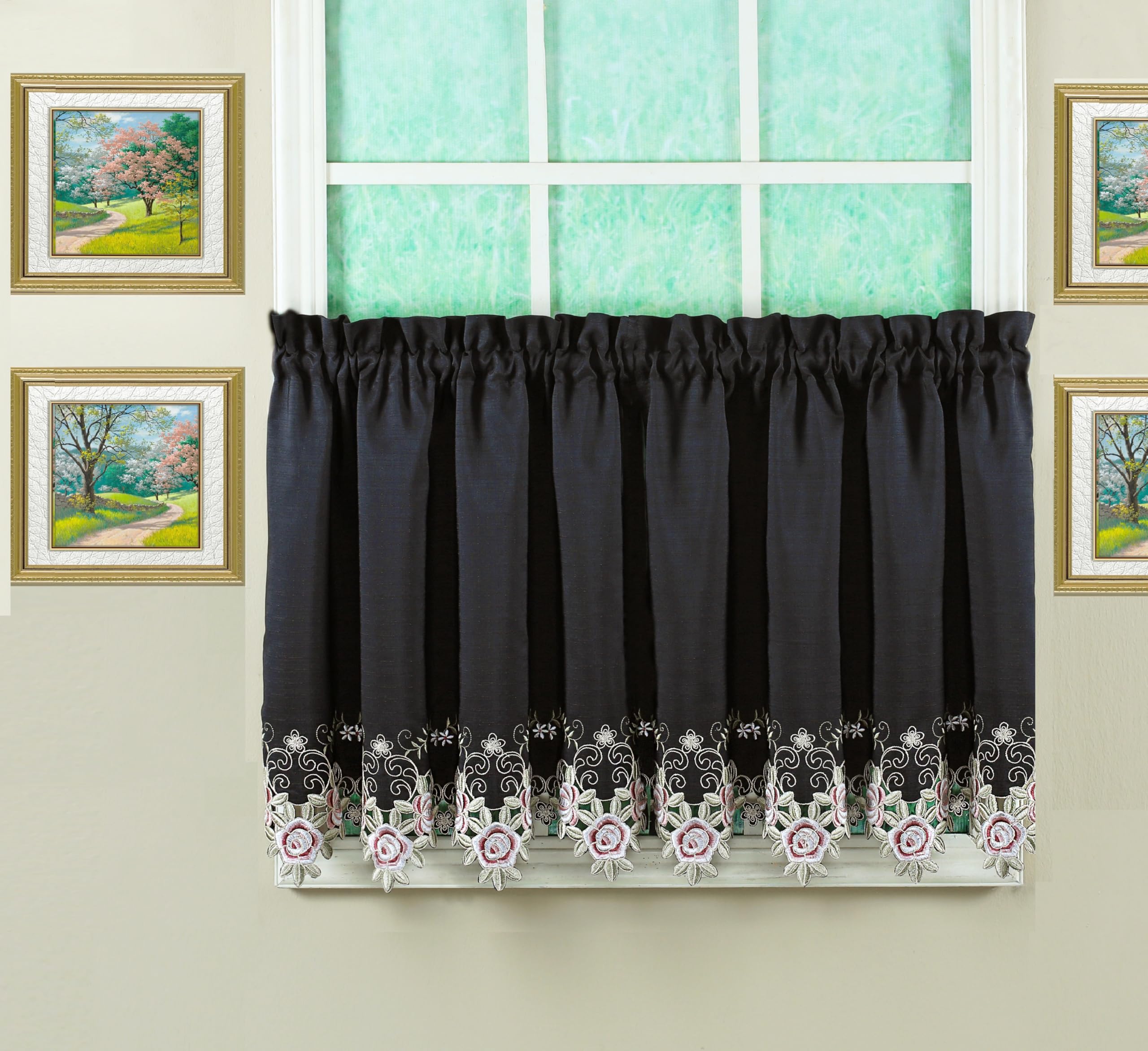 Todays Curtain Verona Reverse Embroidery Tier, 24, Black/Rose, 60 W X 24 L