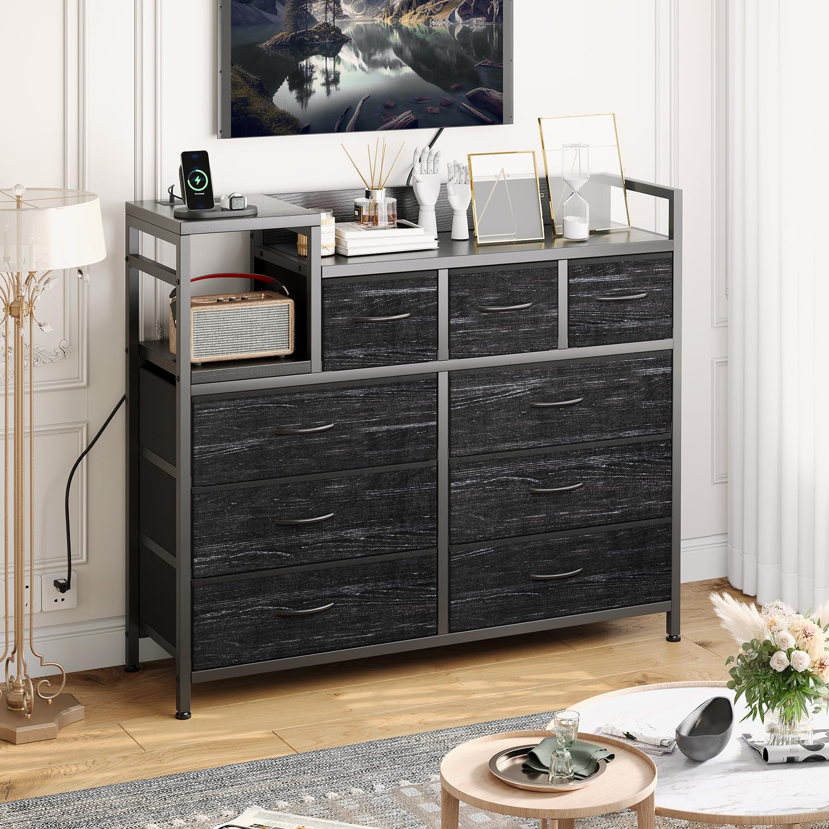 Jojoka TV Stand with Charging Station, Bedroom Dresser for Living Room TV Stand with 9 Drawers,(Black Willow)