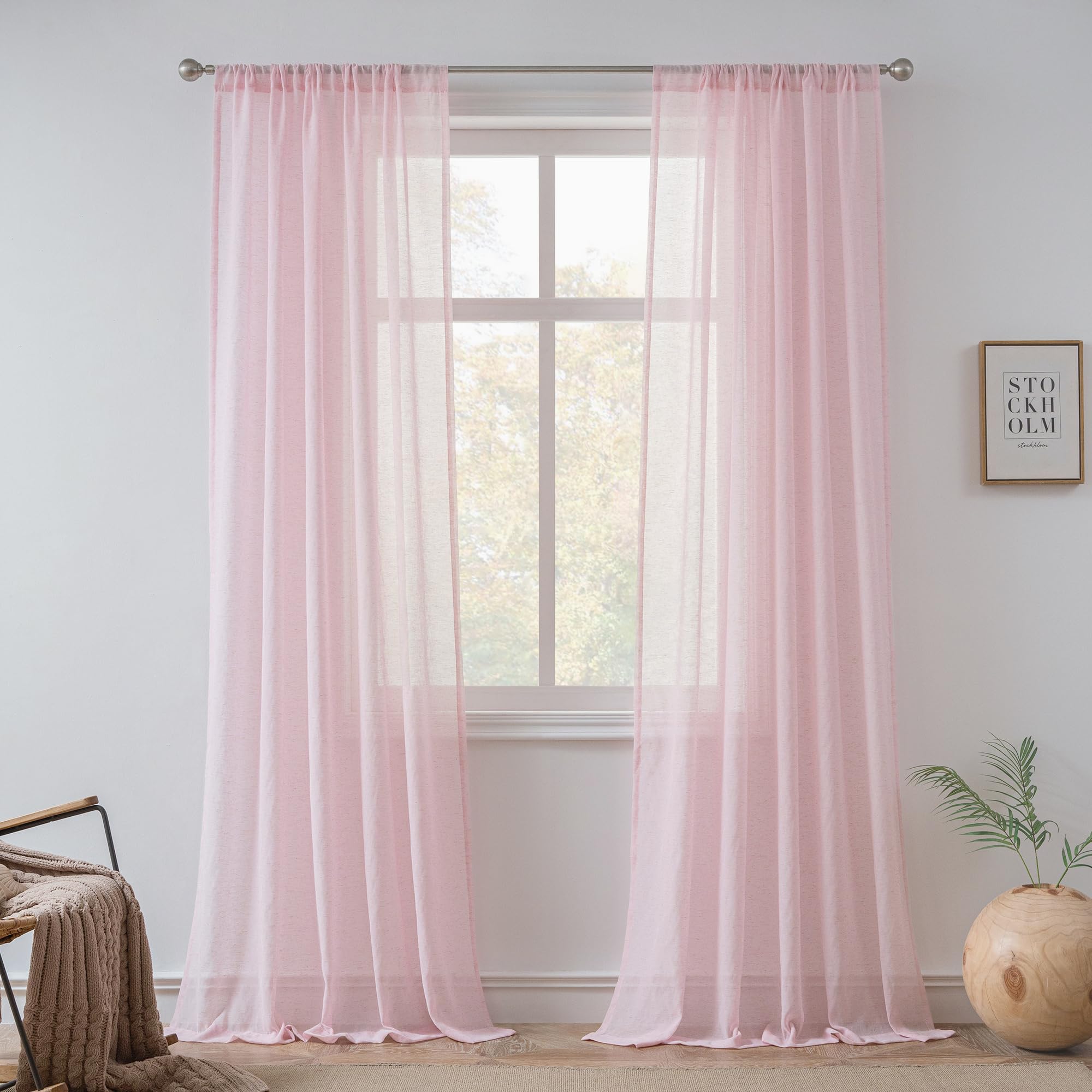 FMFUNCTEX Linen Sheer Curtains for Bedroom, Pink Curtains 96 inches Long for Living Room, Blush Pink Farmhouse French Flax Blend