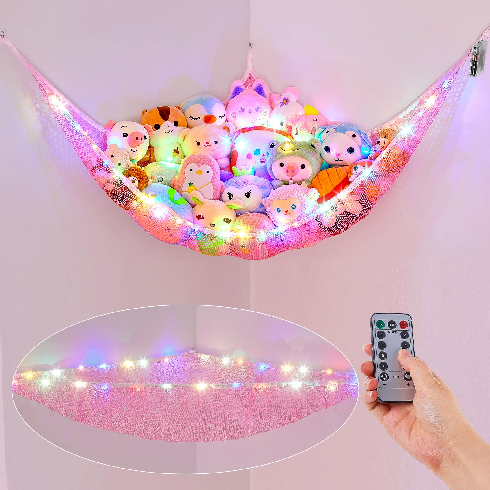 Basumee Stuffed Animals Net or Hammock with LED Light Hanging Toy Net Hammock for Stuffed Animals Storage Stuff Animals Hammocks
