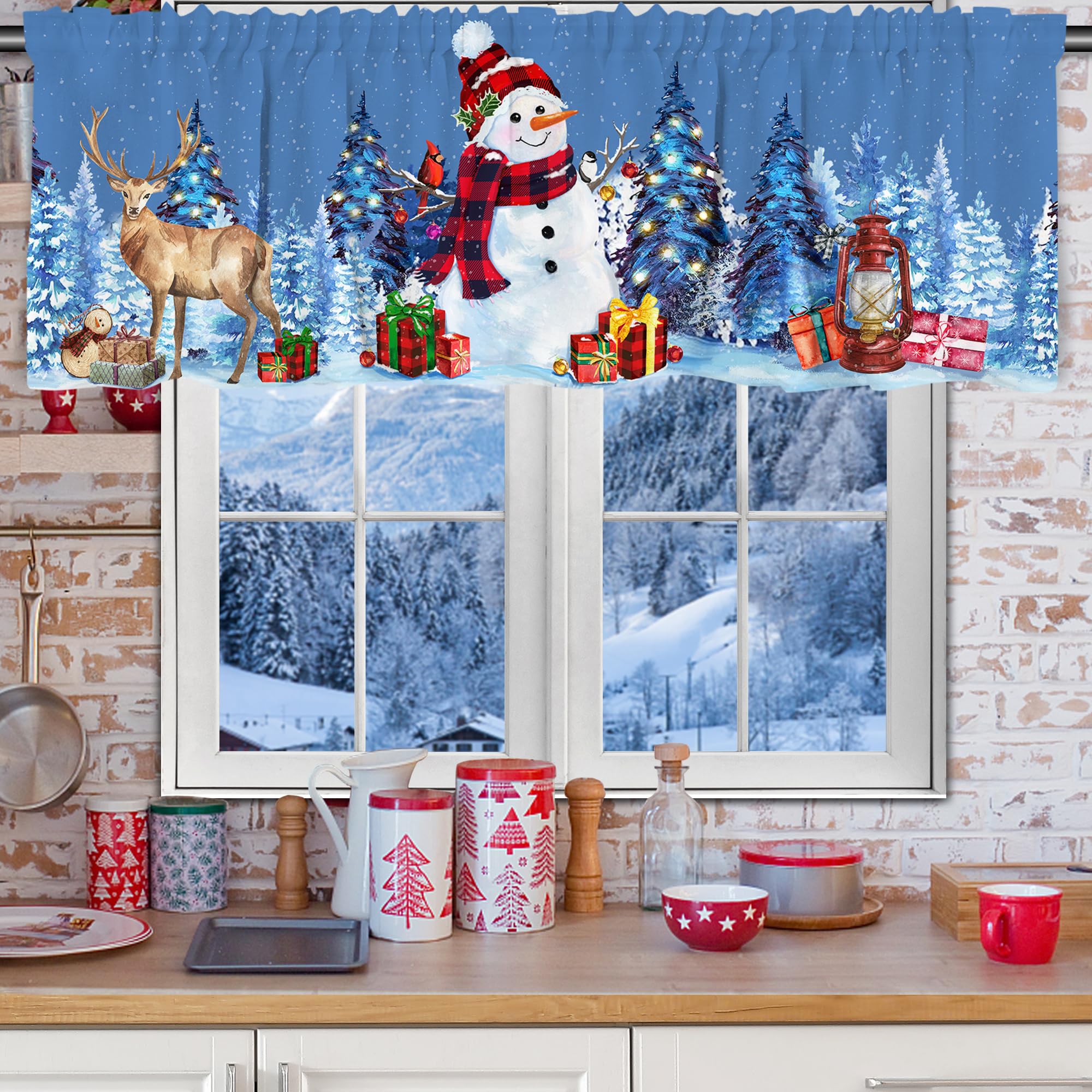 Snowman Christmas Valance Curtain for Kitchen 18X54 Blue Christmas Decorations Kitchen Window Decor, Deer Winter Valances for Li