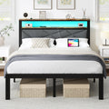 ChicZhiNest Queen Bed Frame with Charging Station, LED Lights, Heavy Duty Metal Slats, Headboard with Upholstered Back and Stora