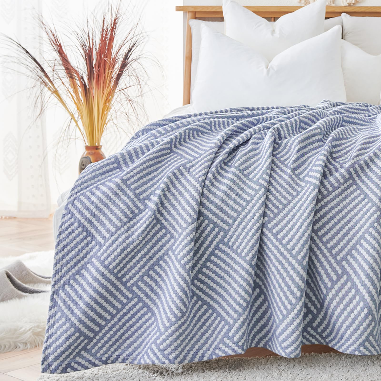 jinchan Boho 100% Cotton Blanket Muslin Twin Size 60x80 Inches Lightweight 3-Layer Geometric Square Striped Pattern Reversible Q