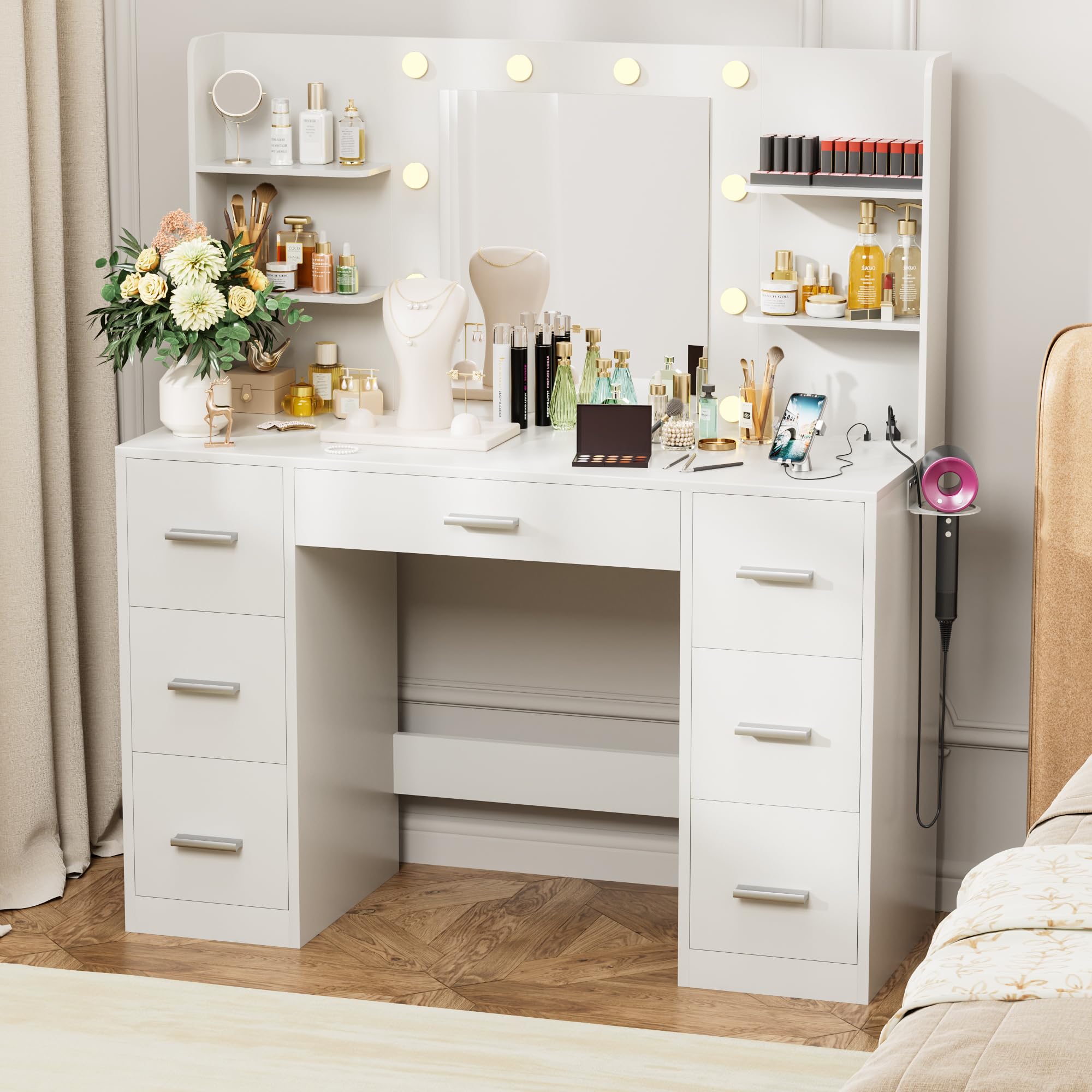 VICTONE Vanity Desk with LED Lighted Mirror&Power Outlet, 3 Model Lights Makeup Vanity Table with 7 Drawers and 6 Storage Shelve