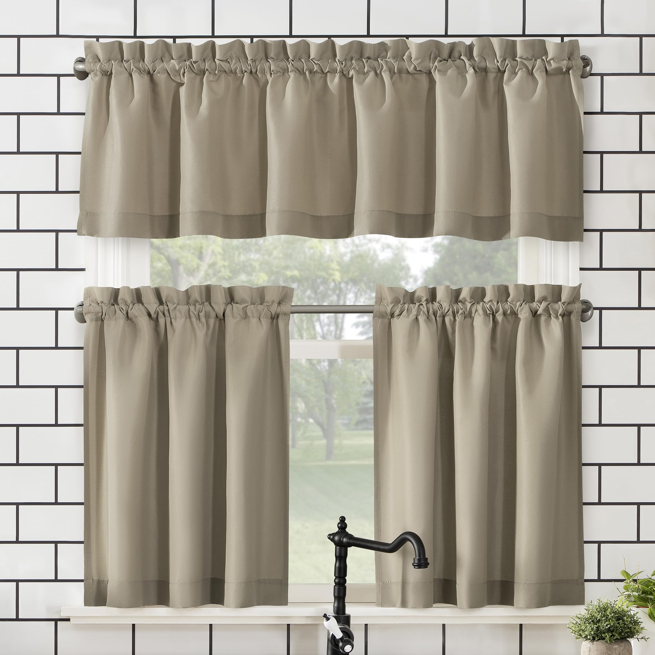 No. 918 Martine Microfiber Semi-Sheer Rod Pocket Kitchen Curtain Valance and Tiers Set, 54 x 24, Taupe