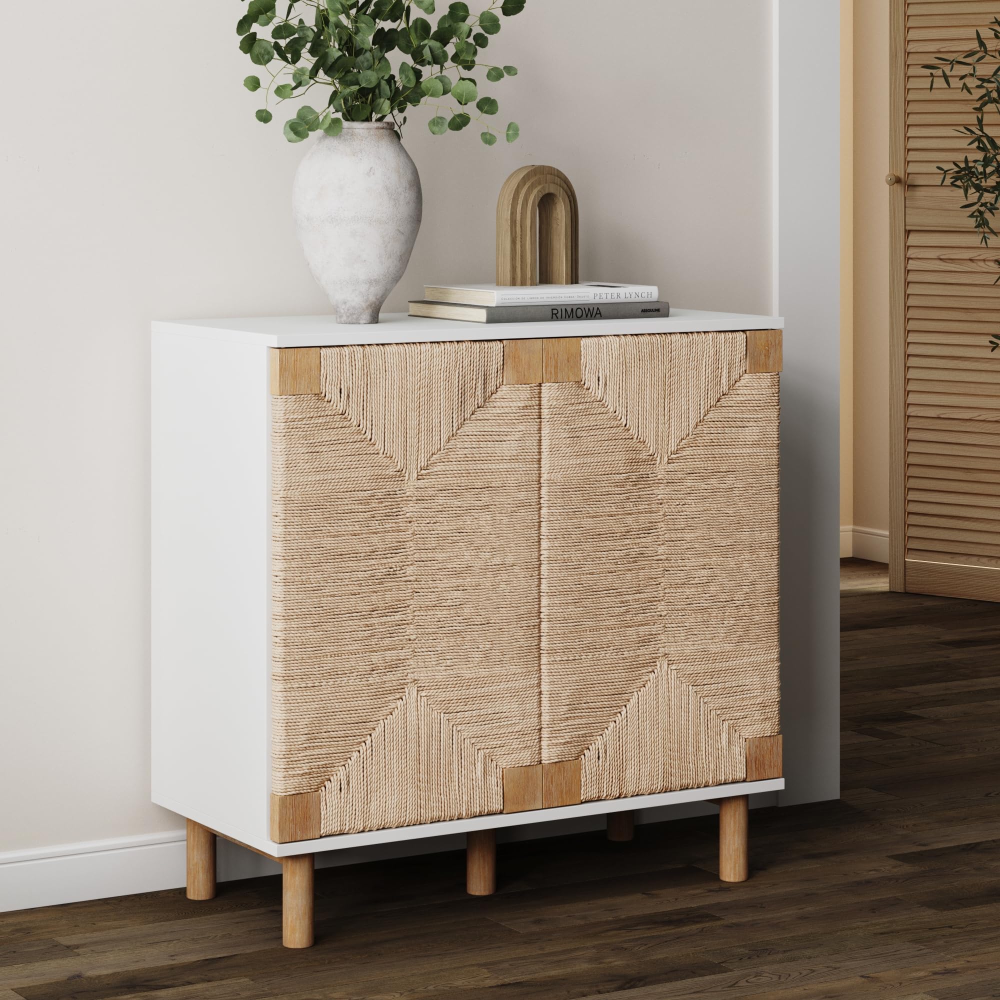 Nathan James Beacon Accent Natural Sideboard Storage Cabinet with Adjustable Interior Shelf and Seagrass Doors, for Hallway, Ent