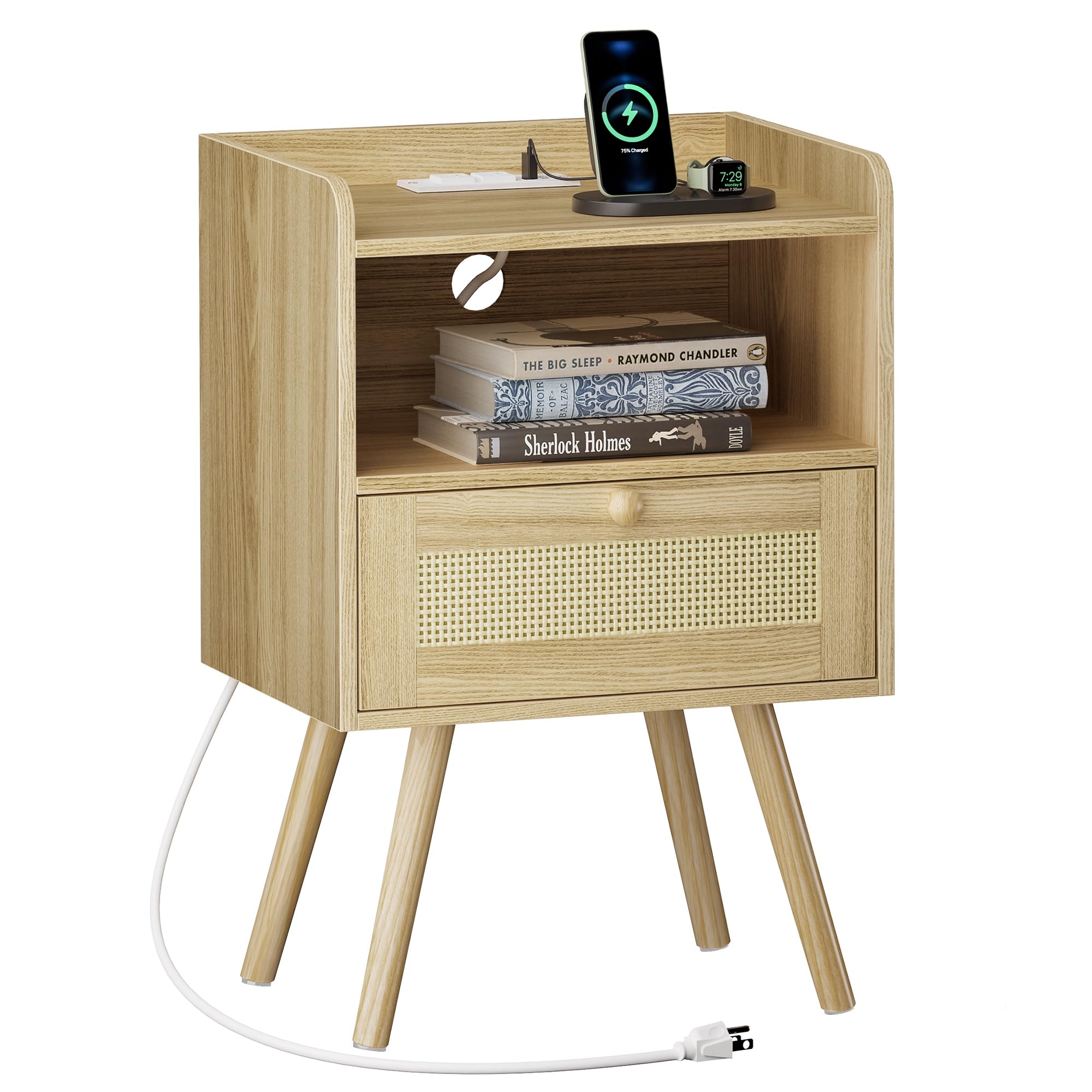 SUPERJARE Nightstand with Charging Station & Rattan-Like Decor Drawer, Rattan End Table with Solid Wood Feet, Bed Side Table wit