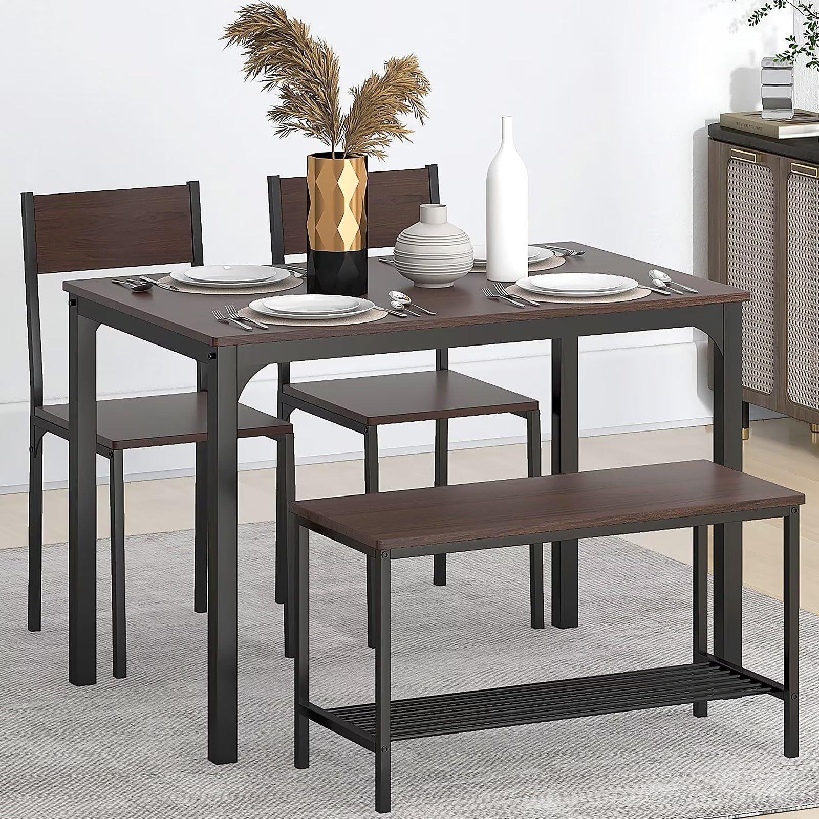 SogesGame Dining Table Set for 4, 43 Dining Room Table with Bench and 2 Chairs, 4 Pieces Modern Kitchen Table Set for Breakfast 