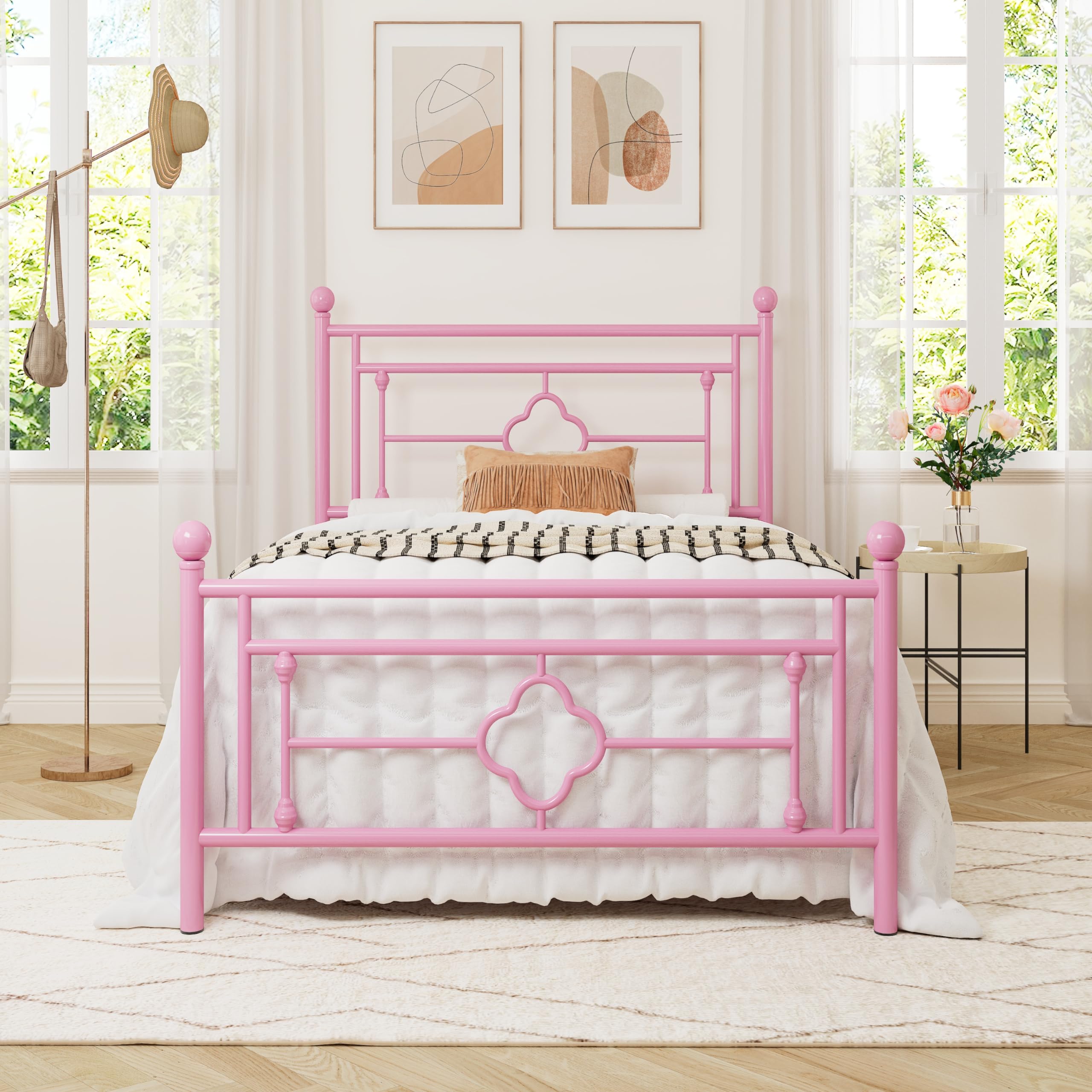 Allewie Twin Size Metal Platform Bed Frame with Victorian Vintage Headboard and Footboard/Mattress Foundation/Under Bed Storage/