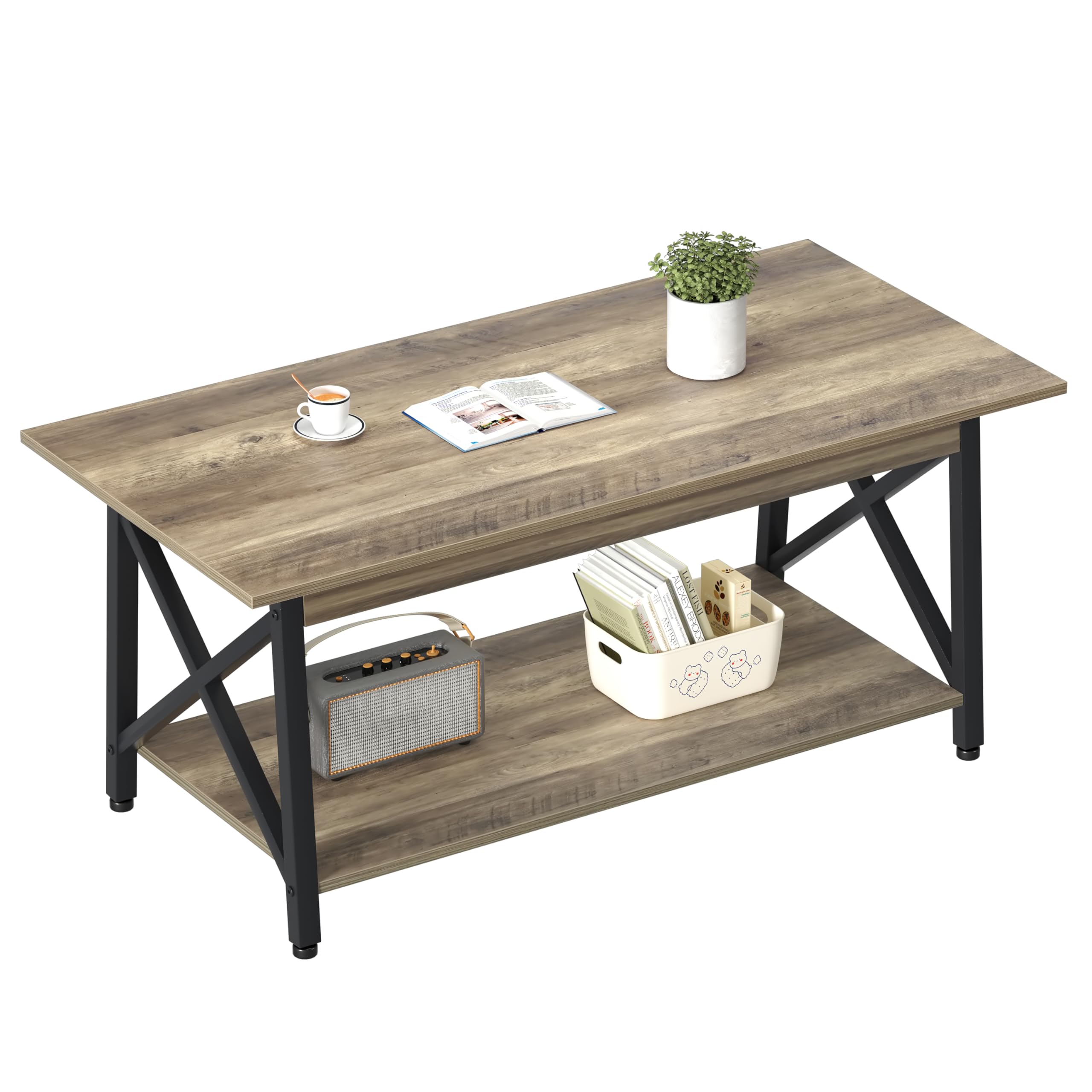 GreenForest Coffee Table with Storage, 39inch Modern 2-Tier Coffee Tables for Living Room, X-Frame Design Farmhouse Coffee Table