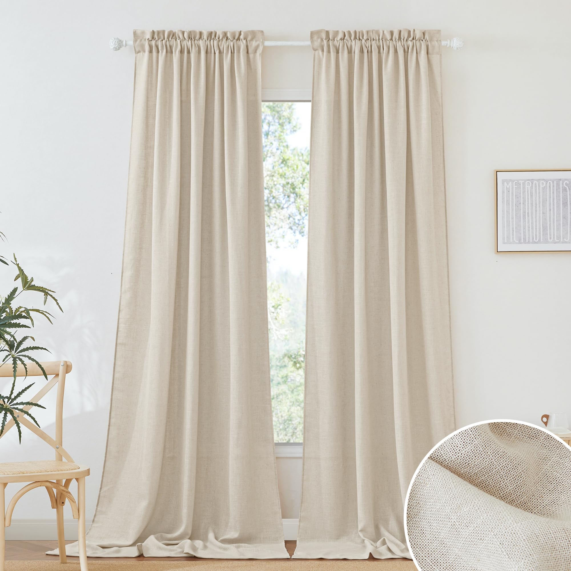 RYB HOME Semi Sheer Curtains - Linen Sheer Curtains Privacy Window Decor for Living Room Home Office Cafe Bay Window, Beige, 52 