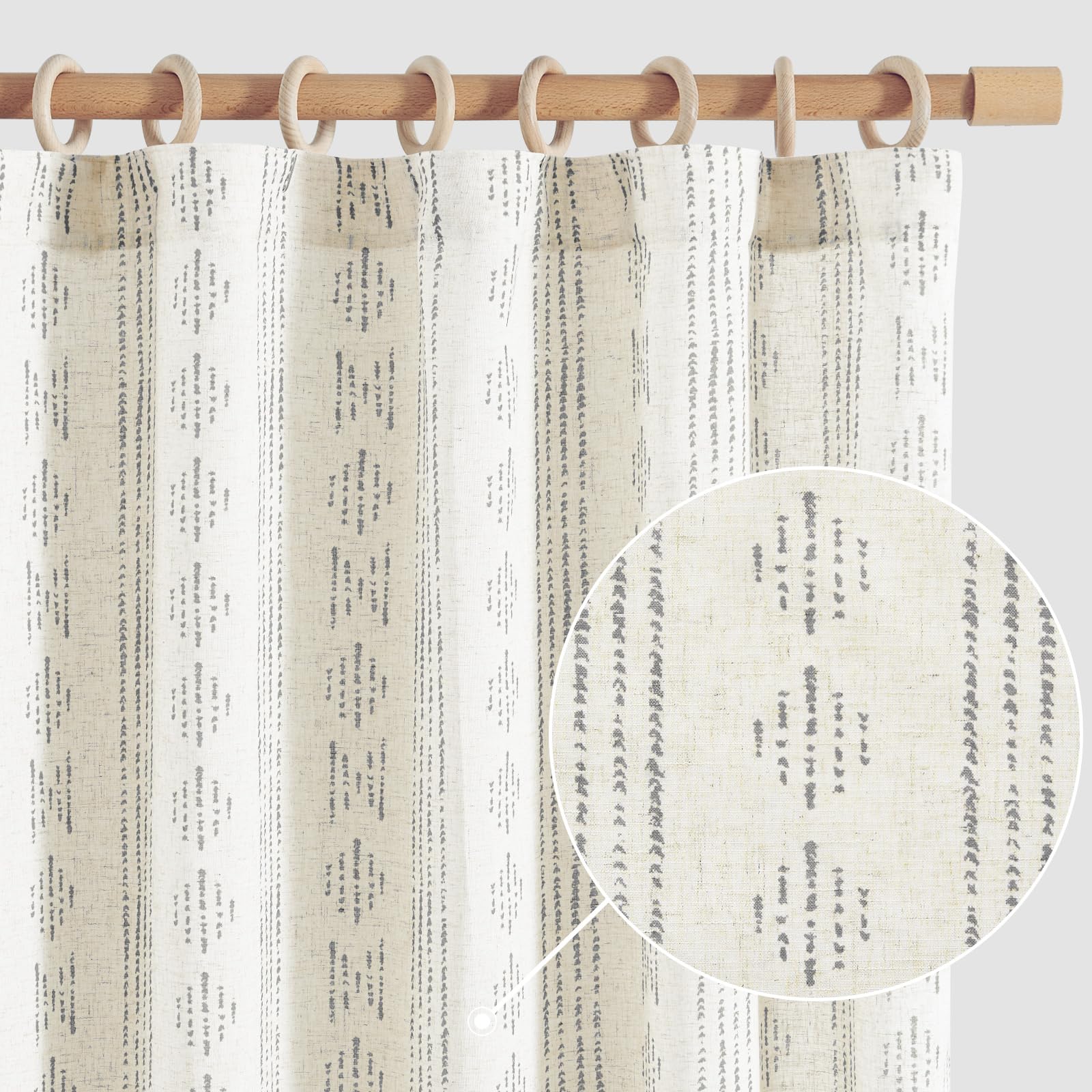 jinchan Boho Stripe Curtains for Living Room Farmhouse Linen Grey Curtains 96 Inch Length 2 Panels for Bedroom Geometric Striped