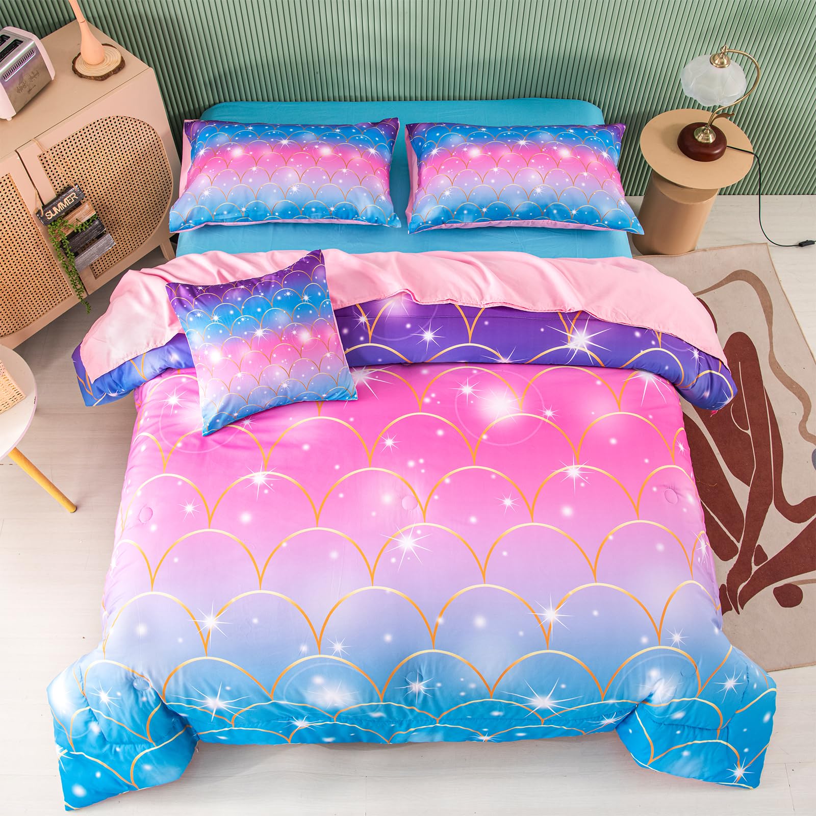 PERFEMET Blue Pink Mermaid Tail Girls Bedding Set, 6 Pcs Colorful Rainbow Queen Size Comforter Set with Sheets, Sparkle Glitter 