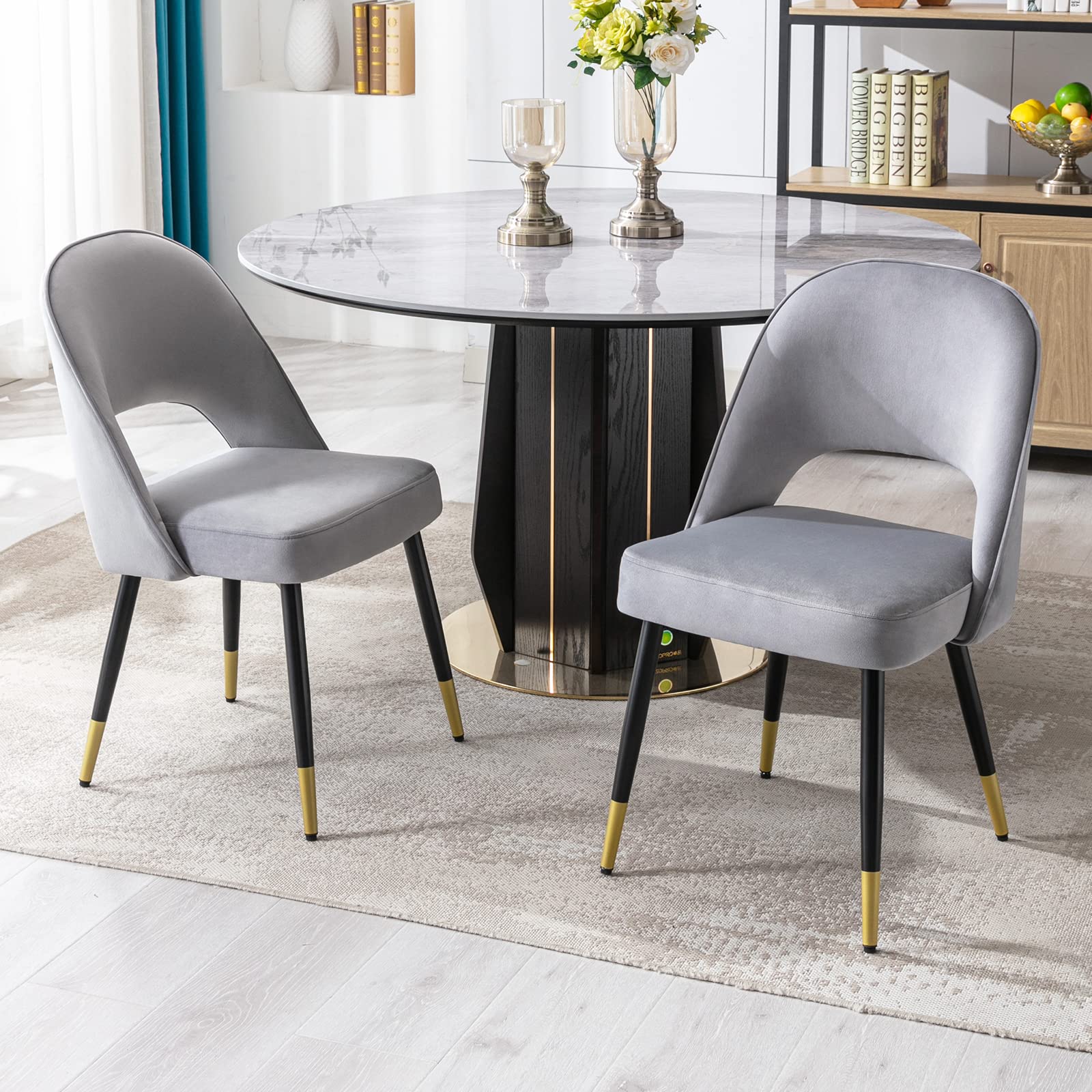 Wahson Velvet Dining Side Chairs Set of 2, Modern Leisure Chairs for Dining Room/Living Room, Grey with Metal Legs