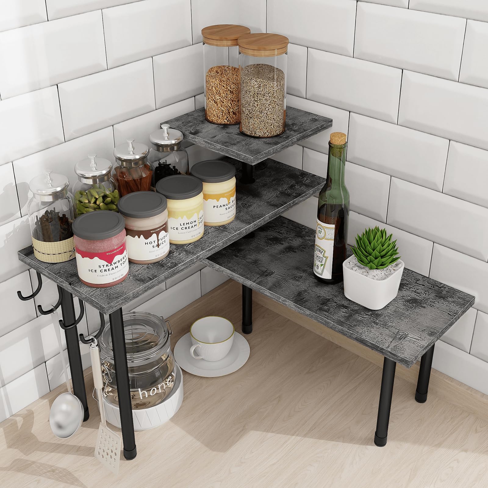 Homode Kitchen Countertop Organizer, 3 Tier Corner Shelf Bathroom Counter Organizer, Wooden Counter Shelf Stand Space Saver, Eas