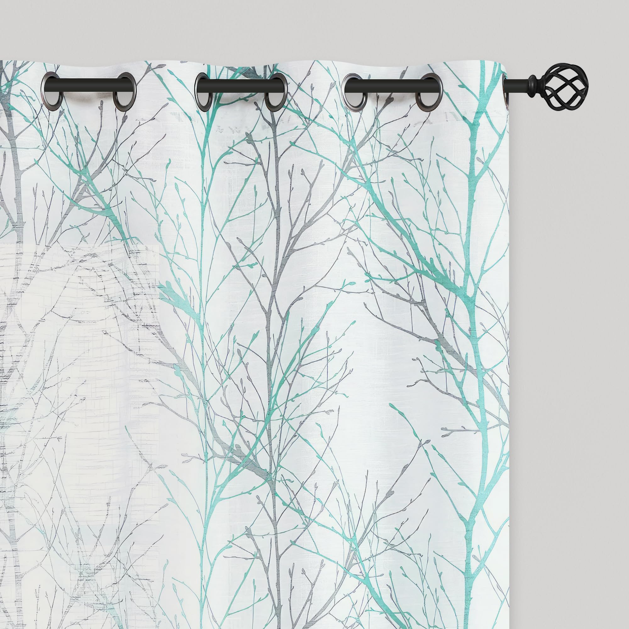 FMFUNCTEX Linen Semi Sheer Curtains for Bedroom, Auqa Blue White Curtains 84 Inches Long for Living Room, Grey Tree Branch Patte