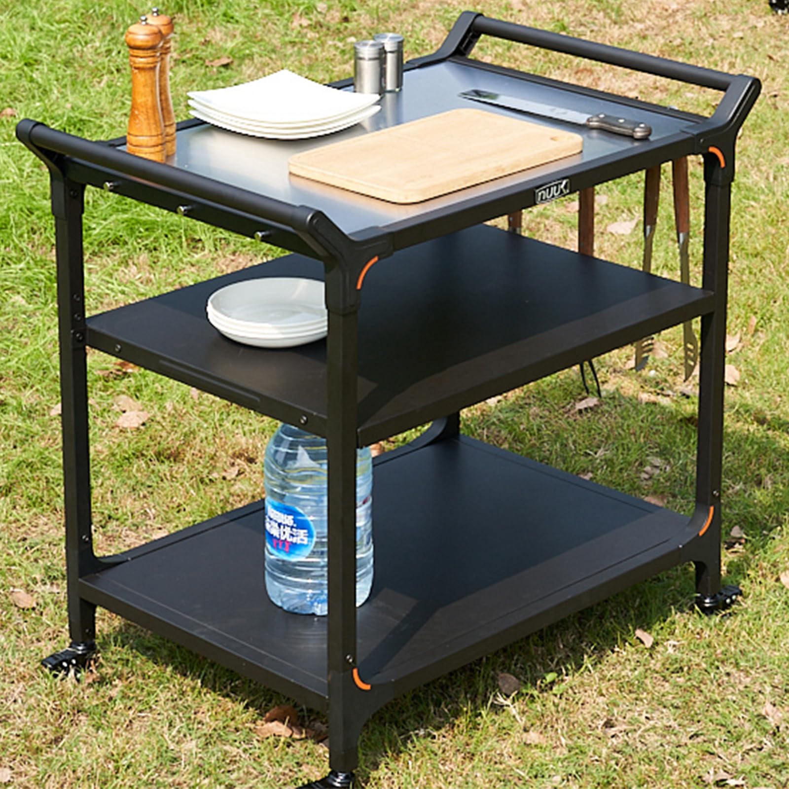 NUUK Outdoor Pizza Oven Table with Three-Shelf 24 x 32 Grill Cart Stainless Steel Rolling Prep Table with Solid Steel Frame, Out