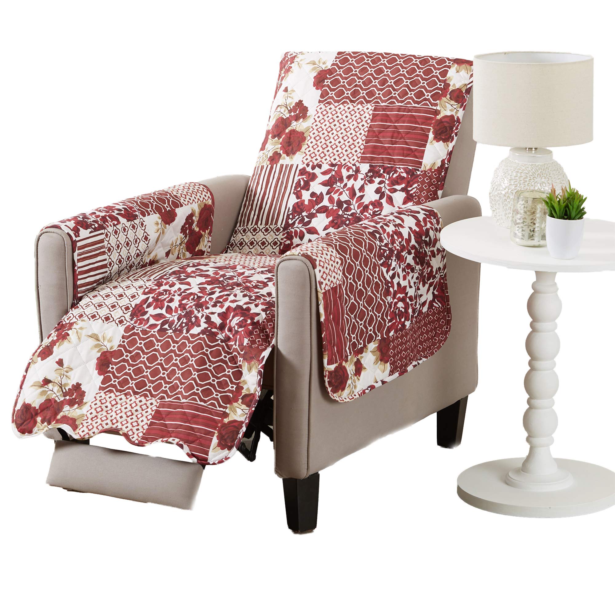 Great Bay Home Patchwork Scalloped Printed Furniture Protector Stain Resistant Recliner Cover (Recliner, Burgundy)