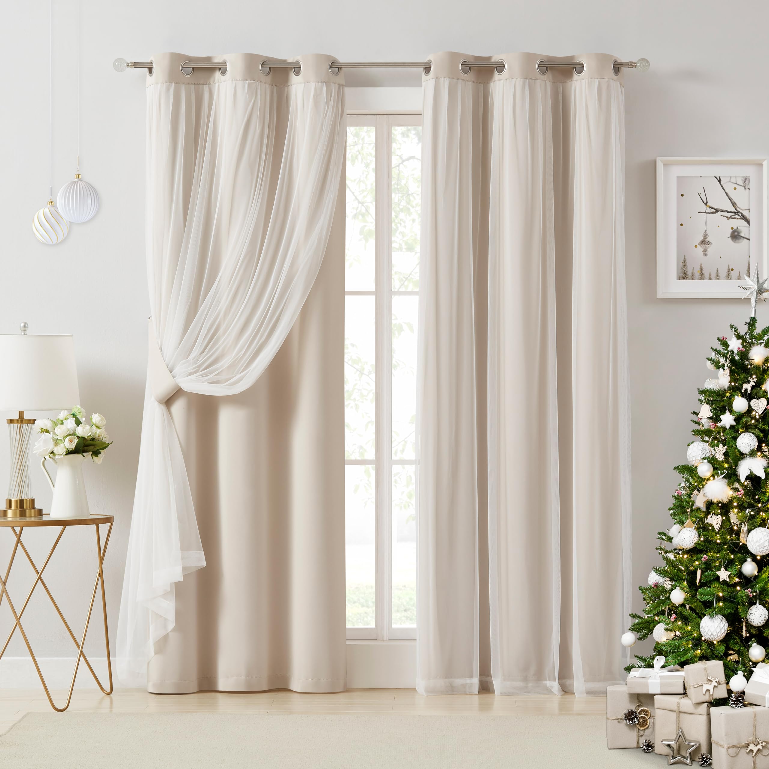Bujasso Beige 90% Blackout Curtains with Sheer Overlay Mix and Match Double Layer Thermal Insulated Window Panels 84 inch for Li