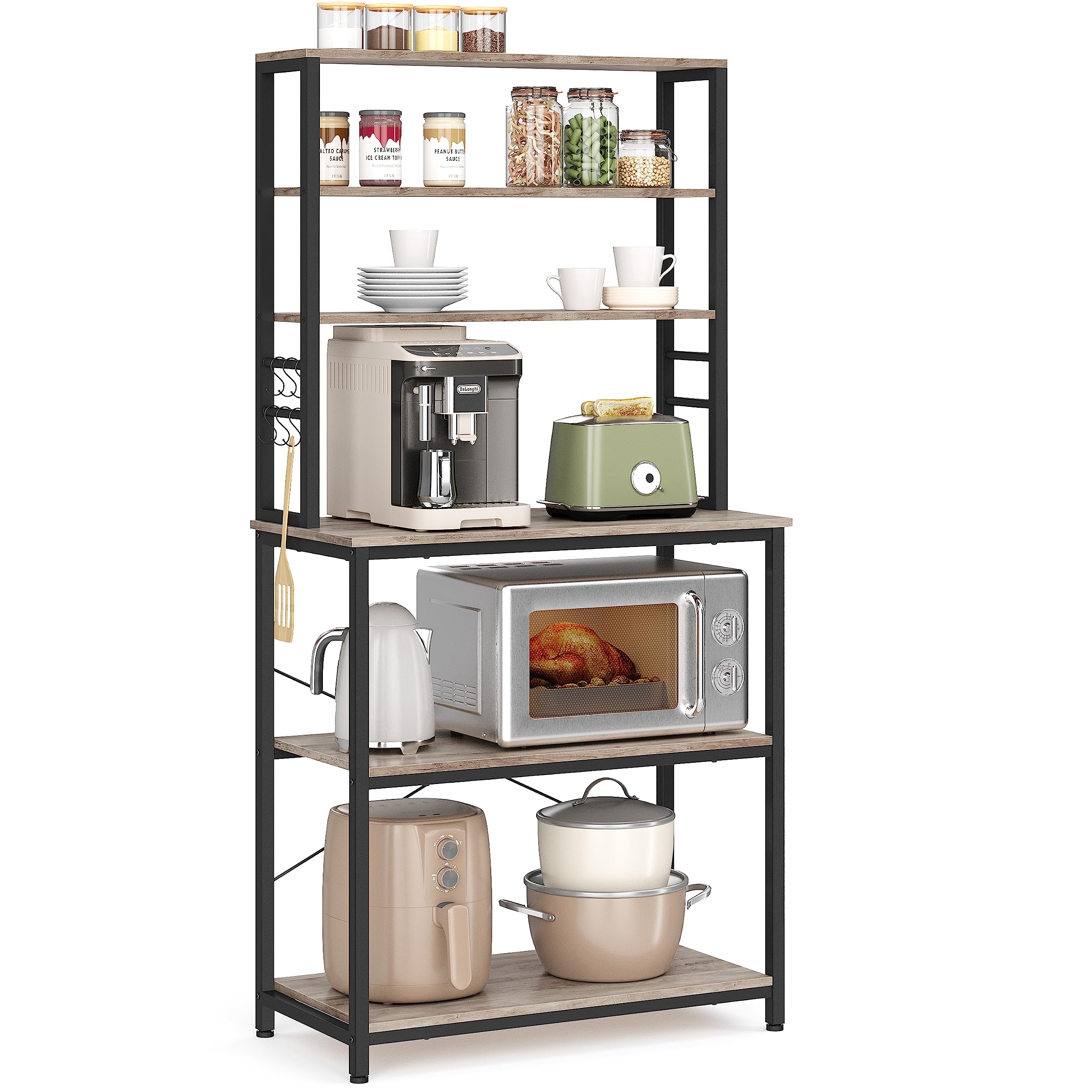 VASAGLE Coffee Bar, 31.5 Inches Bakers Rack for Kitchen with Storage, 6-Tier Kitchen Shelves with 6 Hooks, Microwave Stand, Ind