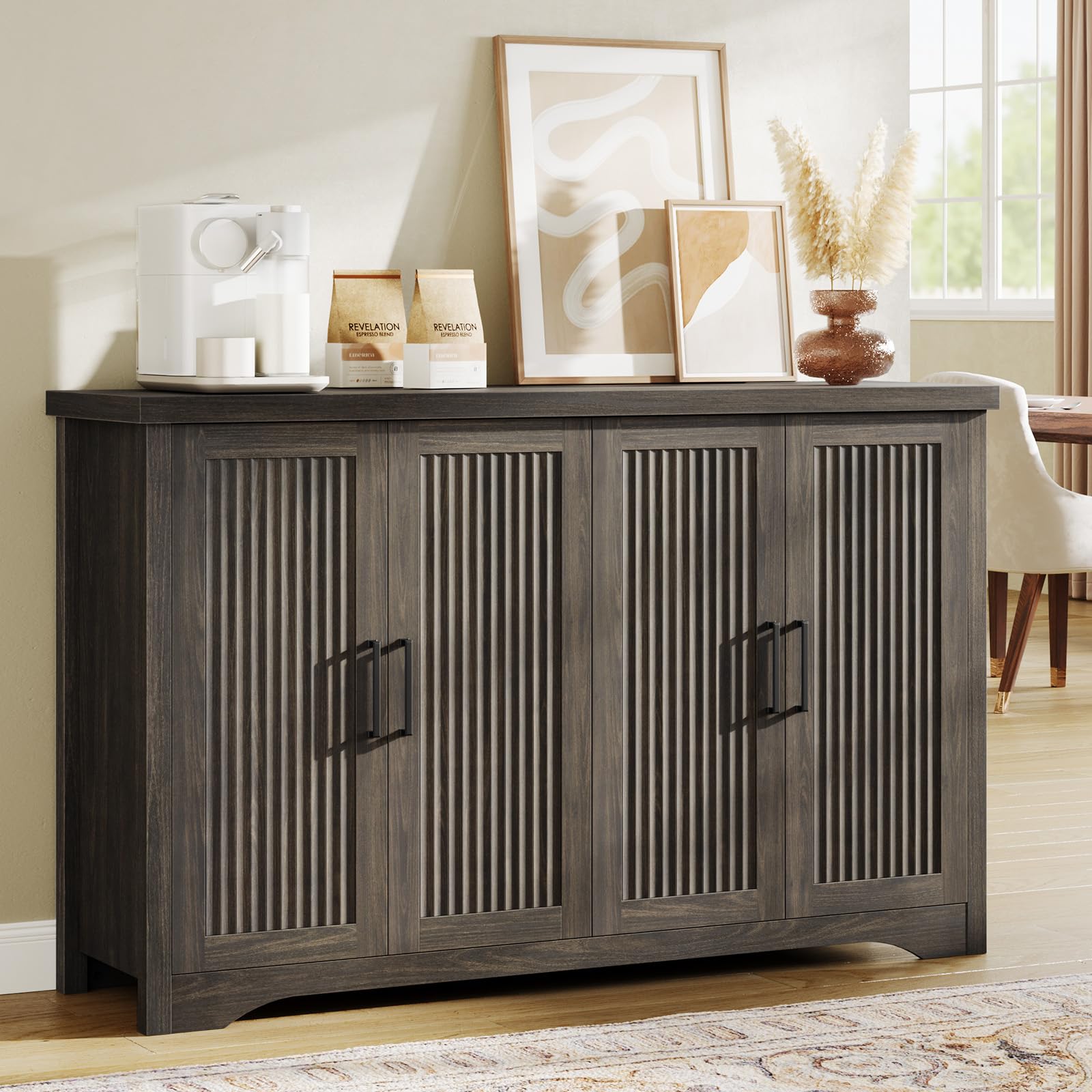 Memobarco Fluted Buffet Cabinet with Storage Accent Sideboard,Modern Credenza with 4 Doors & Adjustable Shelves,Wood Coffee Bar 
