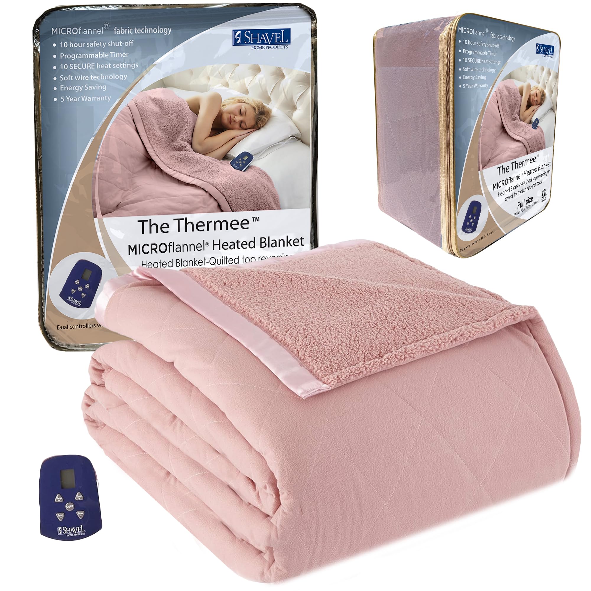 Thermee Micro Flannel Heated Blanket with Sherpa back, 10-Setting Electric Blanket Full Size, Programmable Heating Blanket, Ultr