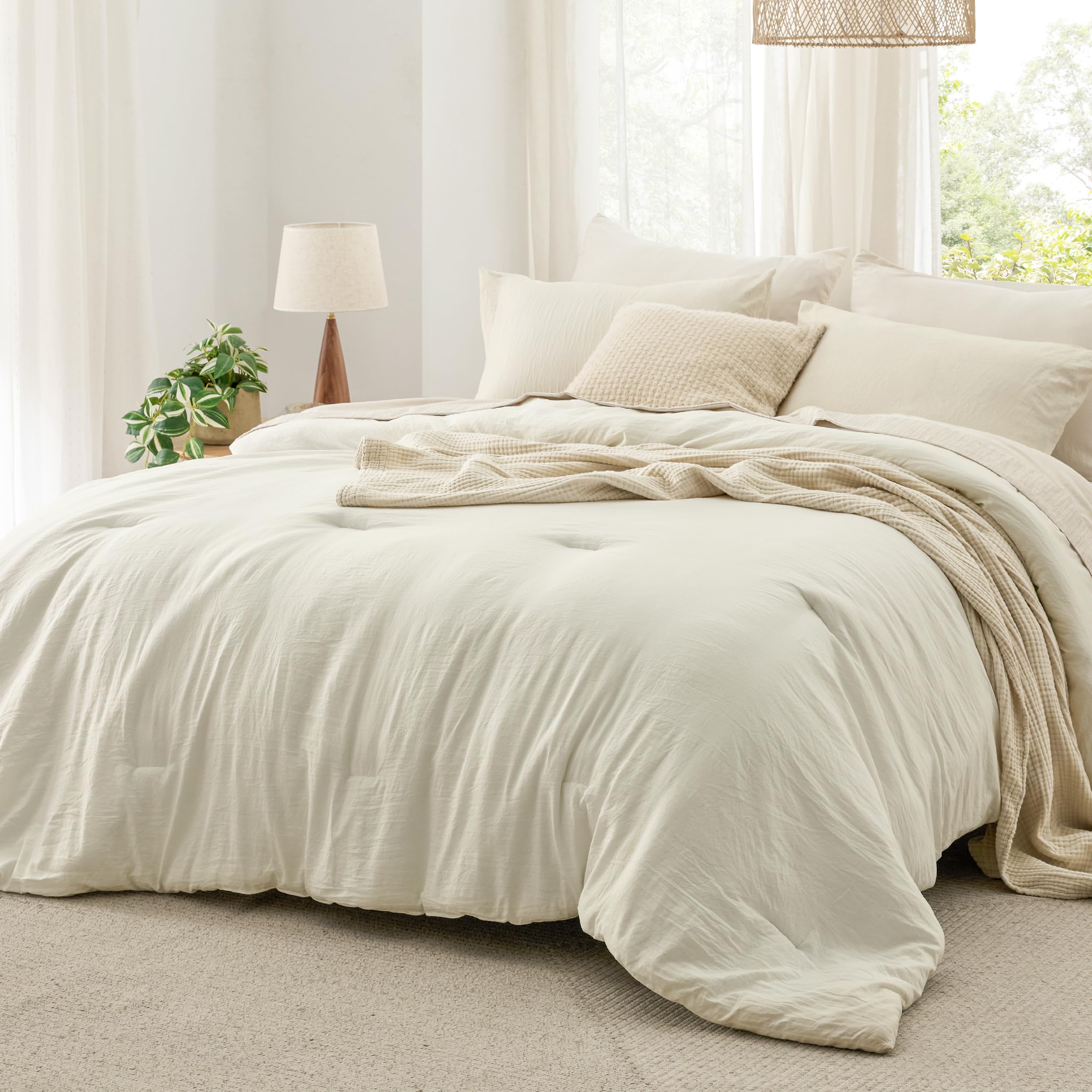 Bedsure Oversized Queen Size Comforter Set, Beige Soft Prewashed Bedding for All Seasons, 3 Pieces GentleSoft Down Alternative B
