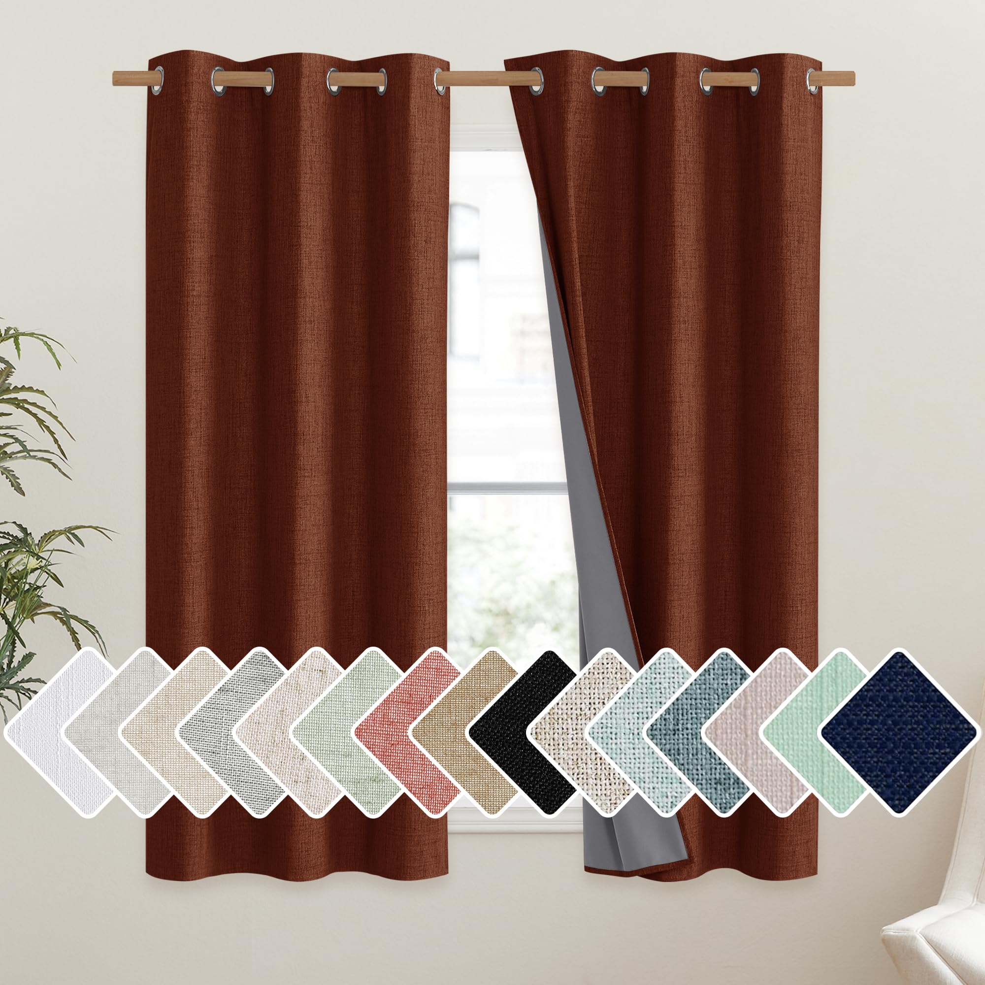 NICETOWN 100% Absolutely Blackout Linen Curtains with Thermal Insulated Liner, 42 Wide, 2 Panels, 63 Long Drapes, Grommet Retro 