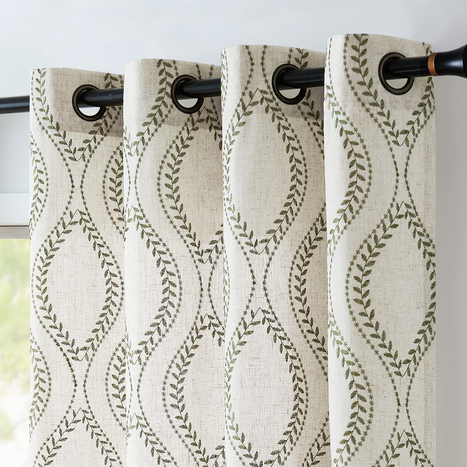 jinchan Linen Curtains Beige Farmhouse Curtains 96 Inches Long Green Embroidered Leaf Curtains for Living Room Ogee Geometry Dra