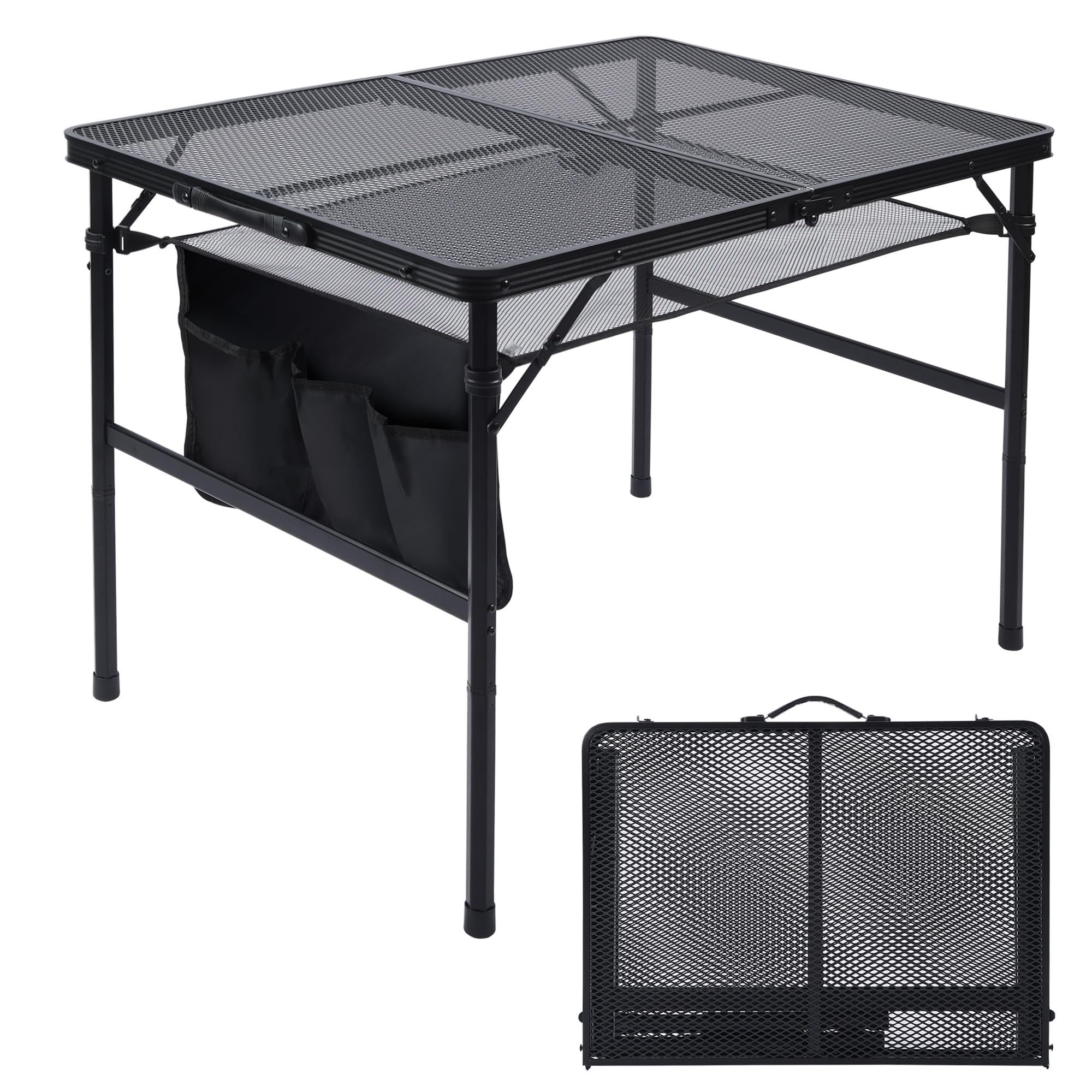 JOUYEK Folding Grill Table, 3x2 FT Portable Camping Table, Lightweight Height Adjustable Metal Table with Mesh Desktop and Mesh 