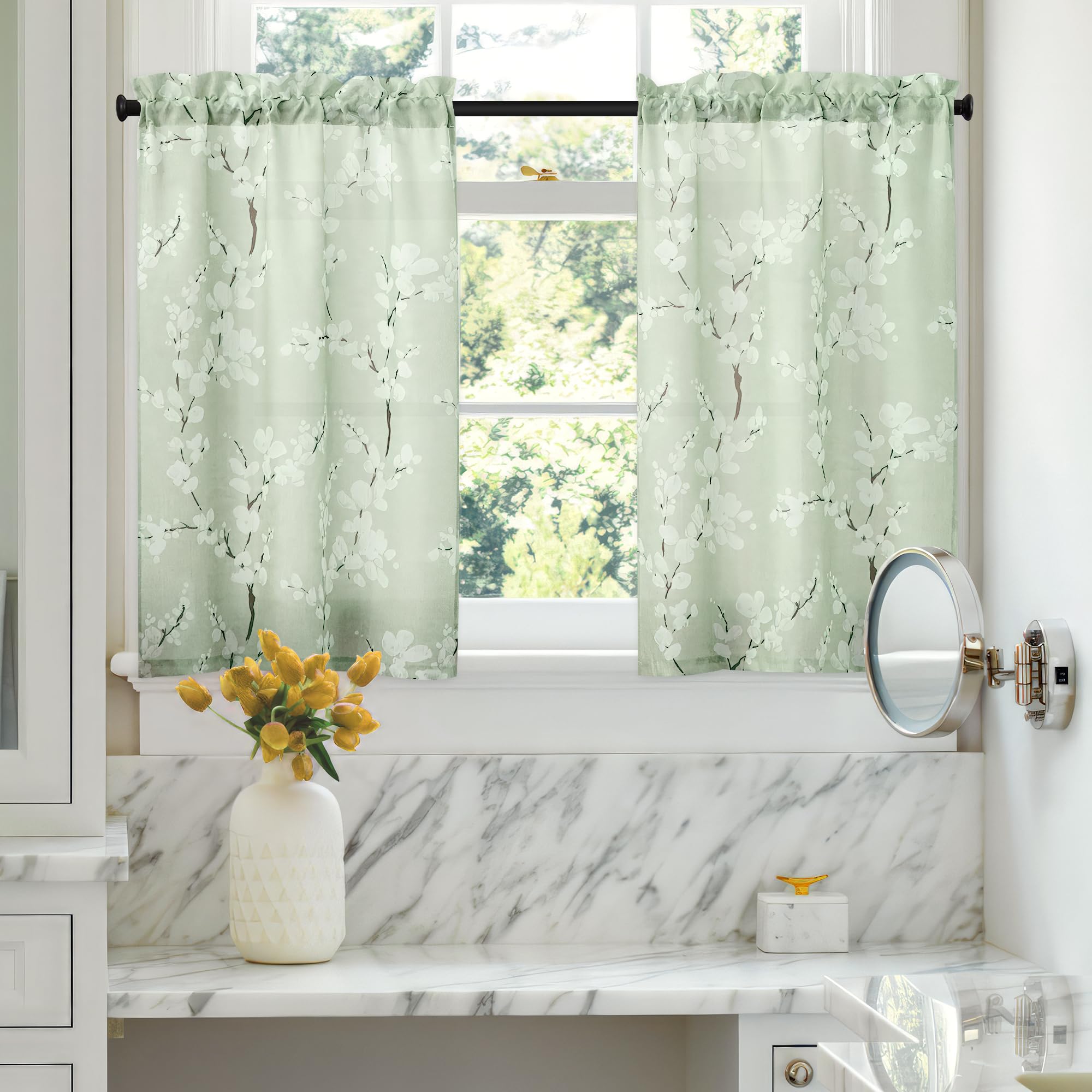 FMFUNCTEX Blossom Floral Printed Tier Kitchen Curtain 36 Inch Length Green White Botanical Design Half Window Curtains for Bathr
