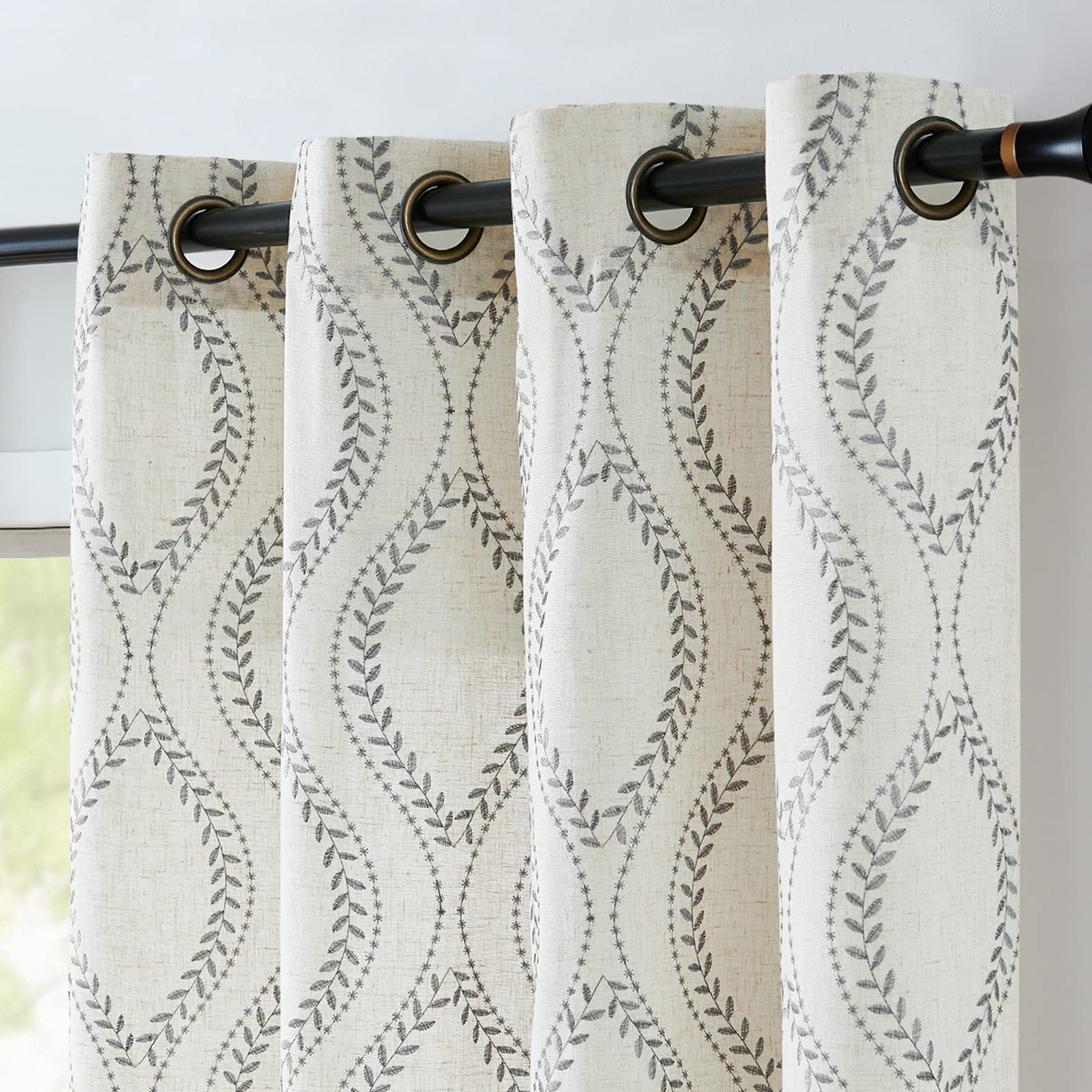 jinchan Linen Curtains Beige Farmhouse Curtains 96 Inches Long Grey Embroidered Leaf Curtains for Living Room Ogee Geometry Drap