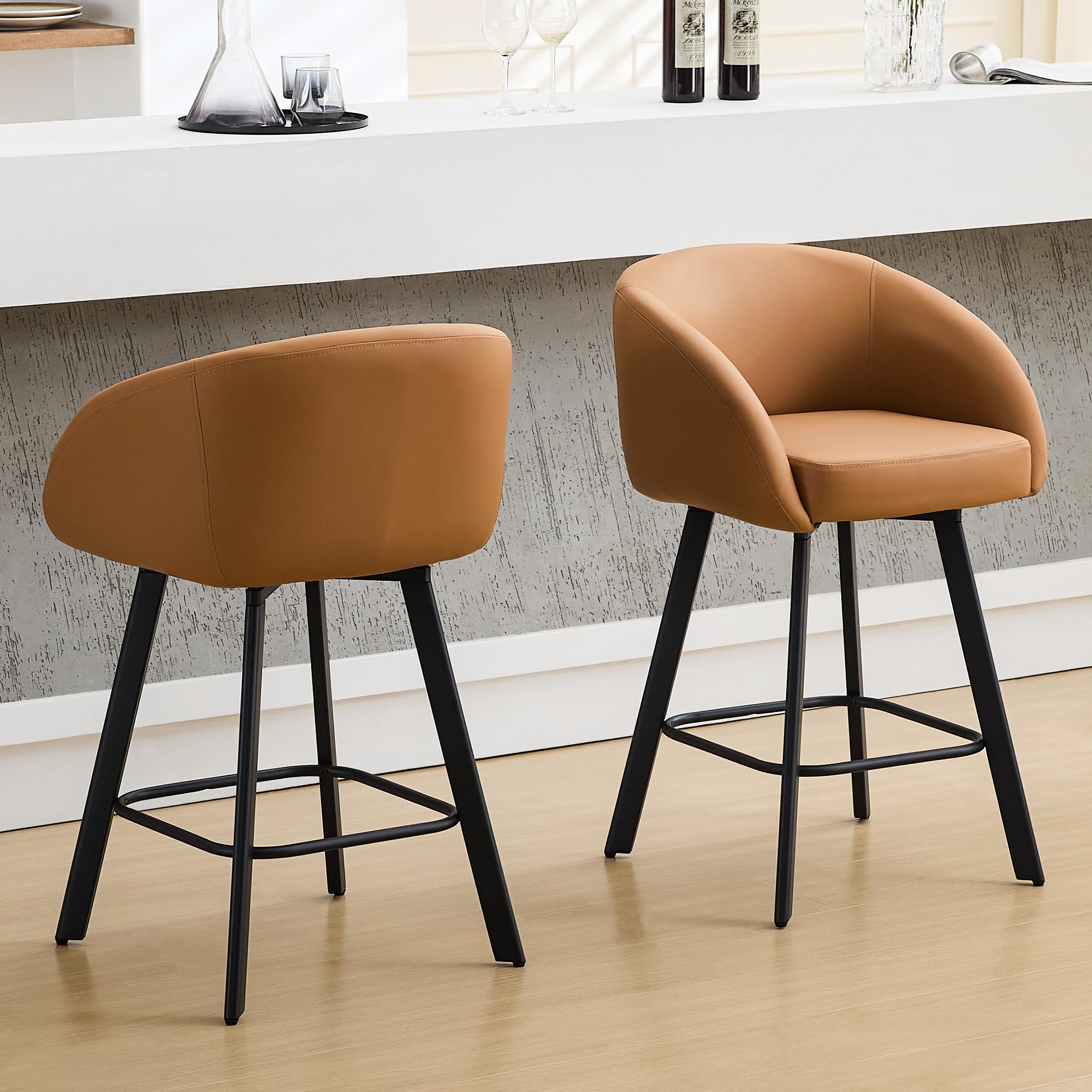 FIRAVOE Bar Stools Set of 2, 26  Swivel Counter Height Bar Stools with Back and Armrest, Faux Leather Kitchen Barstools Counter 