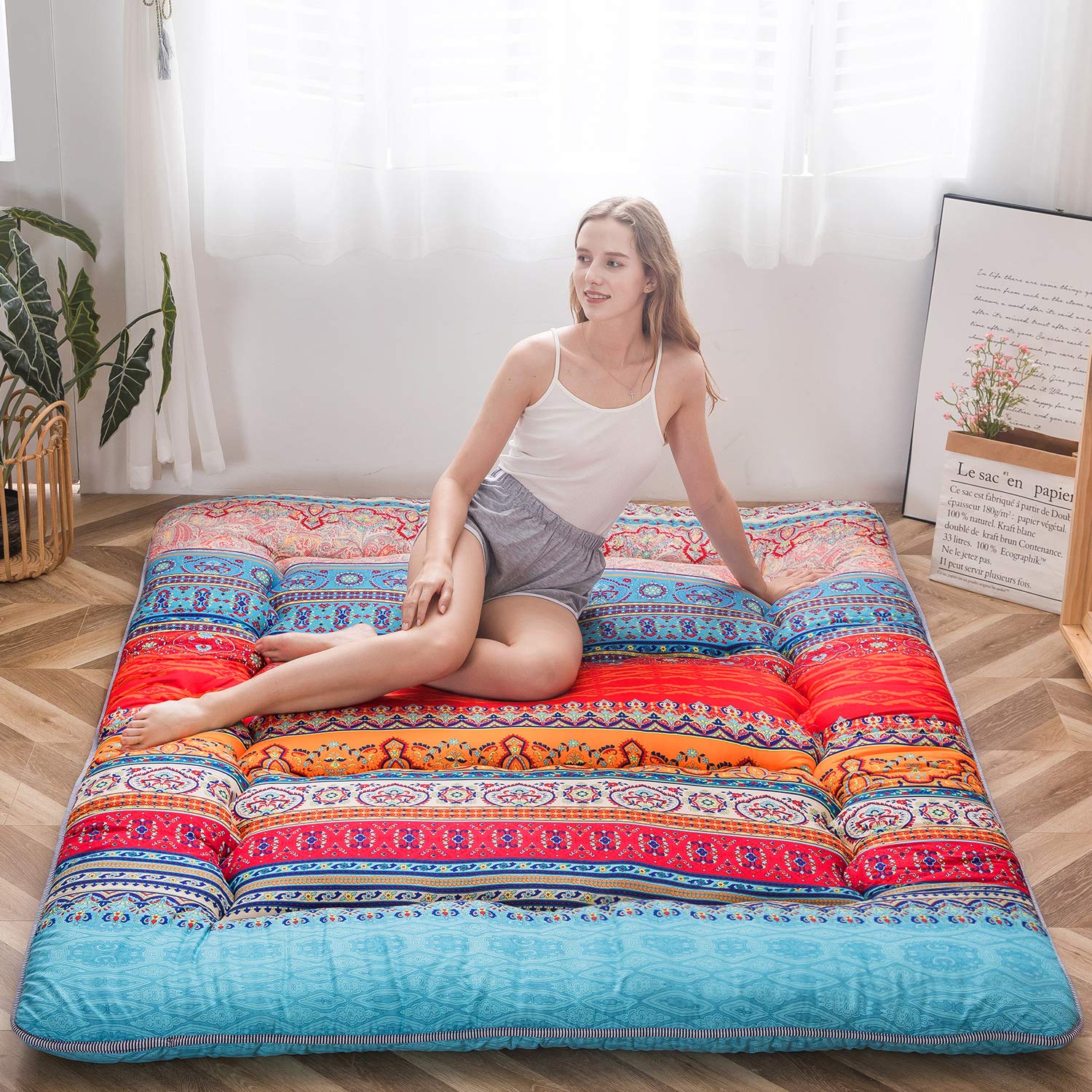 MAXYOYO Bohemian Retro Floor Mattress Vintage Floral Japanese Futon Mattress Roll Up Tatami Floor Mat Foldable Bed Portable Camp