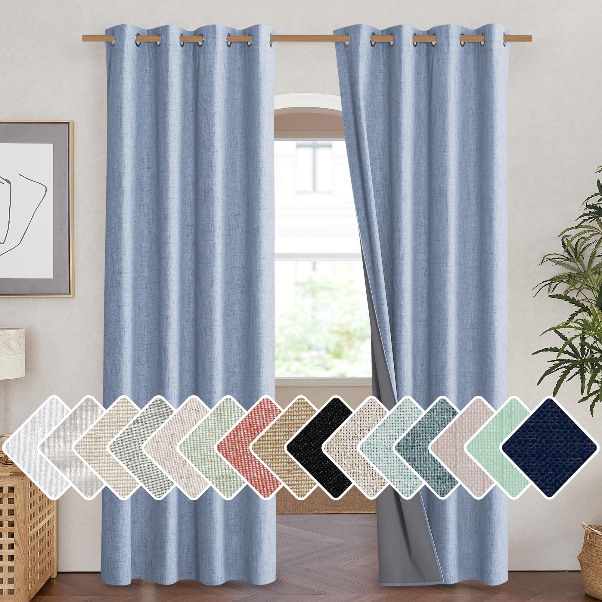 NICETOWN Stone Blue Vintage Linen 100% Blackout Curtains for Living Room, Thermal Insulated Curtains 90 Long, Noise Reducing Win