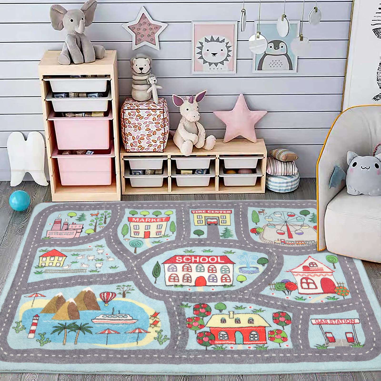 Playroom Rug Play Carpet 4 x 6, Blue Large Educational Childrens Play Mat, Learning & Have Fun Safely Non-Slip Washable Road Tra