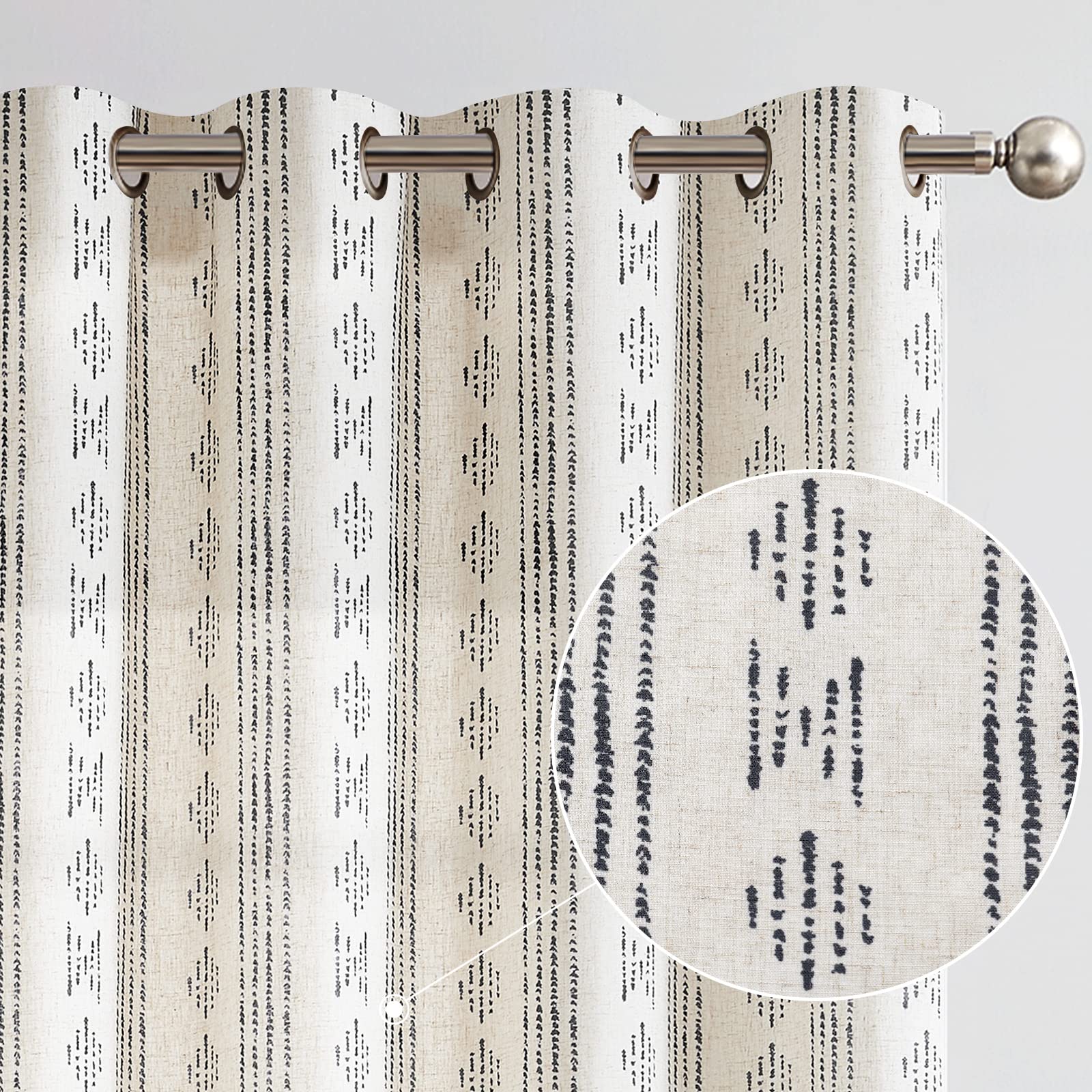 Jinchan Boho Linen Blend Curtains for Living Room - Black Farmhouse Grommet Curtains, 90 Inch Length, Geometric Striped Mudcloth