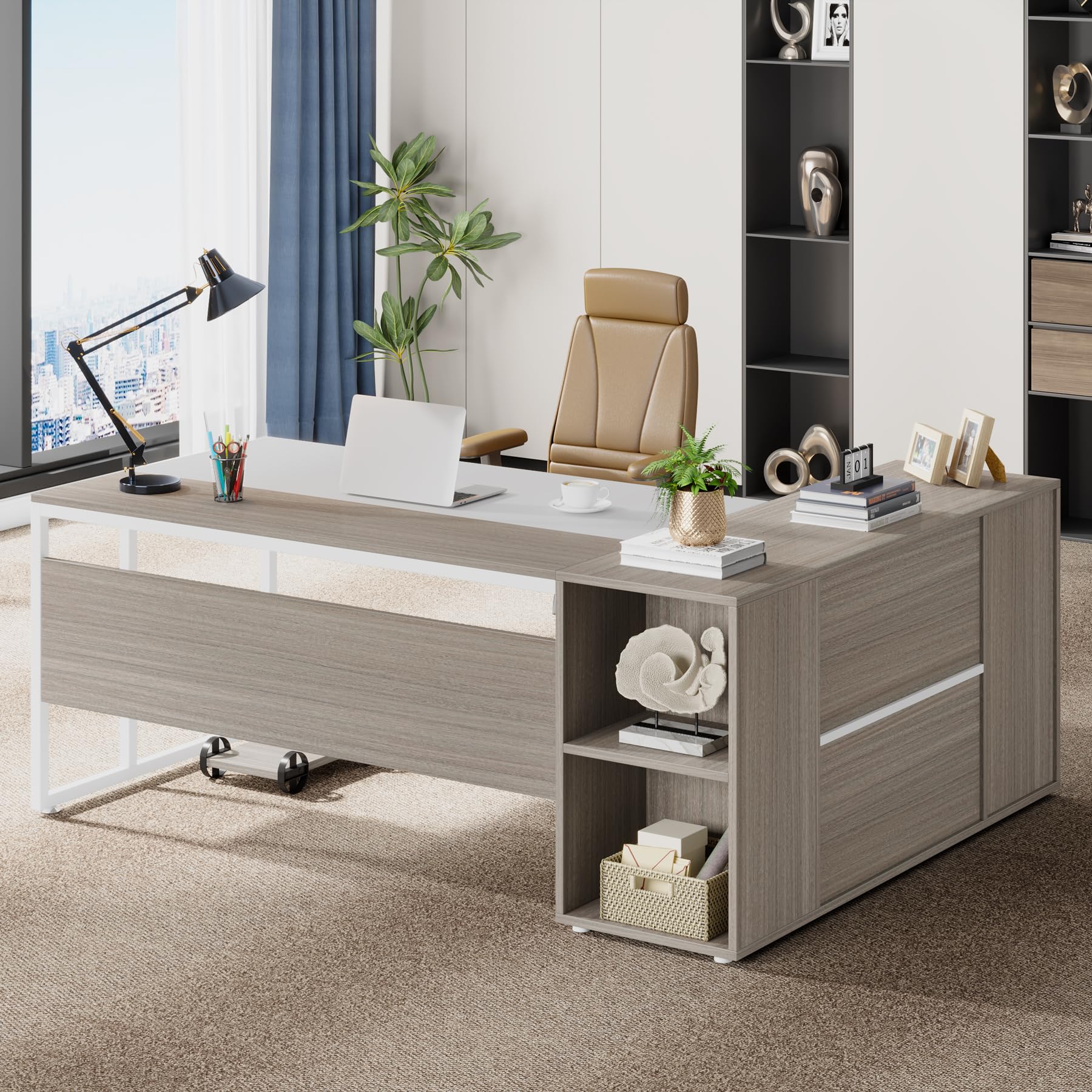 Tribesigns 71 inch Executive Desk, L Shaped Desk with Cabinet Storage, Executive Office Desk with Shelves, Business Furniture Se