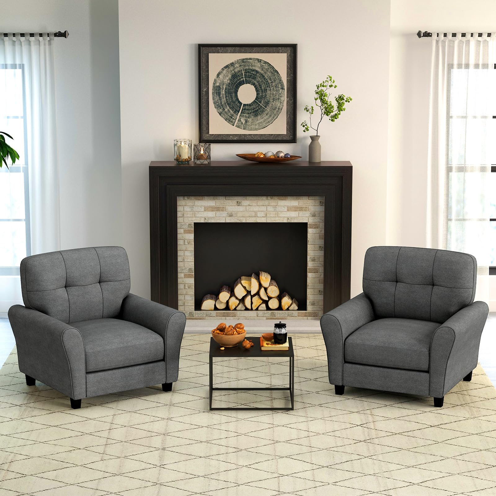 Giantex Modern Mid-Century Accent Chair Set of 2 - Linen Living Room Chair with Tufted Back, 7 Thick Cushion, Max Load 400 lbs, 
