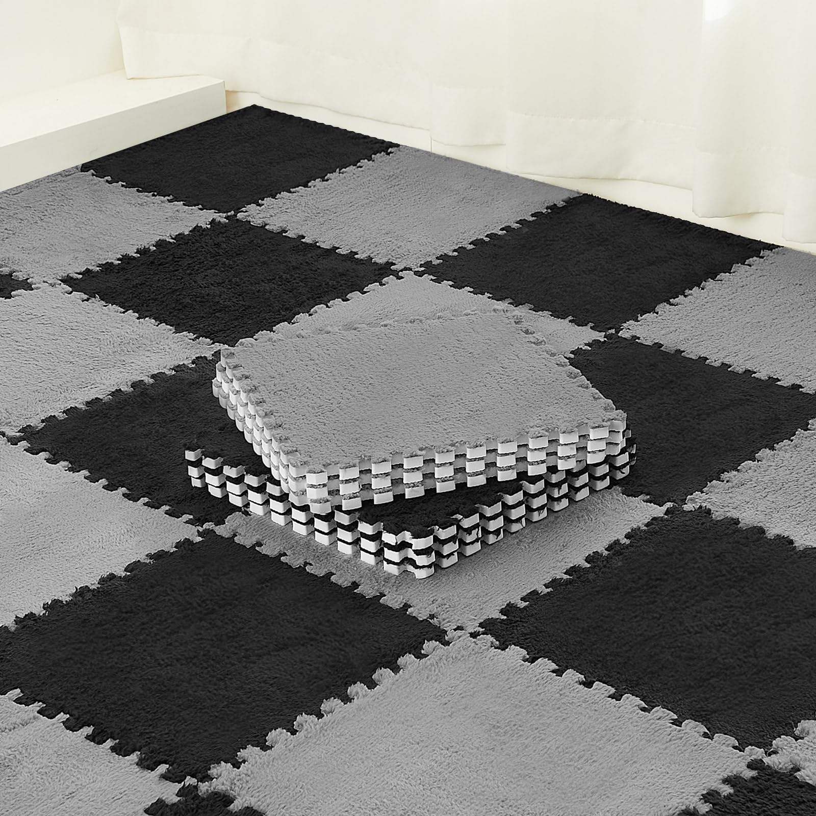 Amylove 36 Pcs Plush Foam Floor Mat Square Interlocking Carpet Tiles with Border Fluffy Play Mat Floor Tiles Soft Climbing Area 