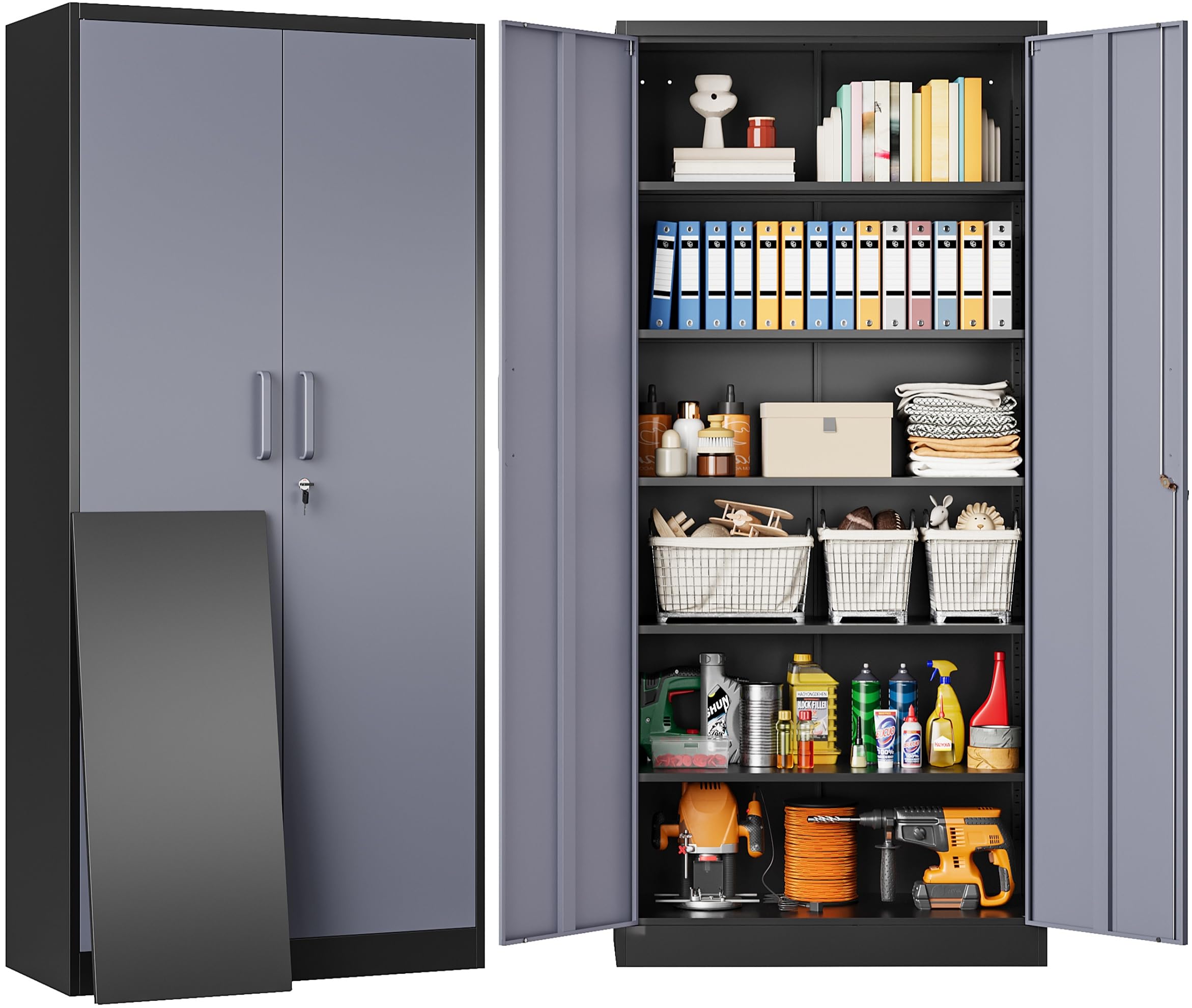 SISESOL Metal Storage Cabinet with 5 Adjustable Shelves,Garage Storage Cabinet with Lock,Metal Cabinets with Locking Doors,71  L