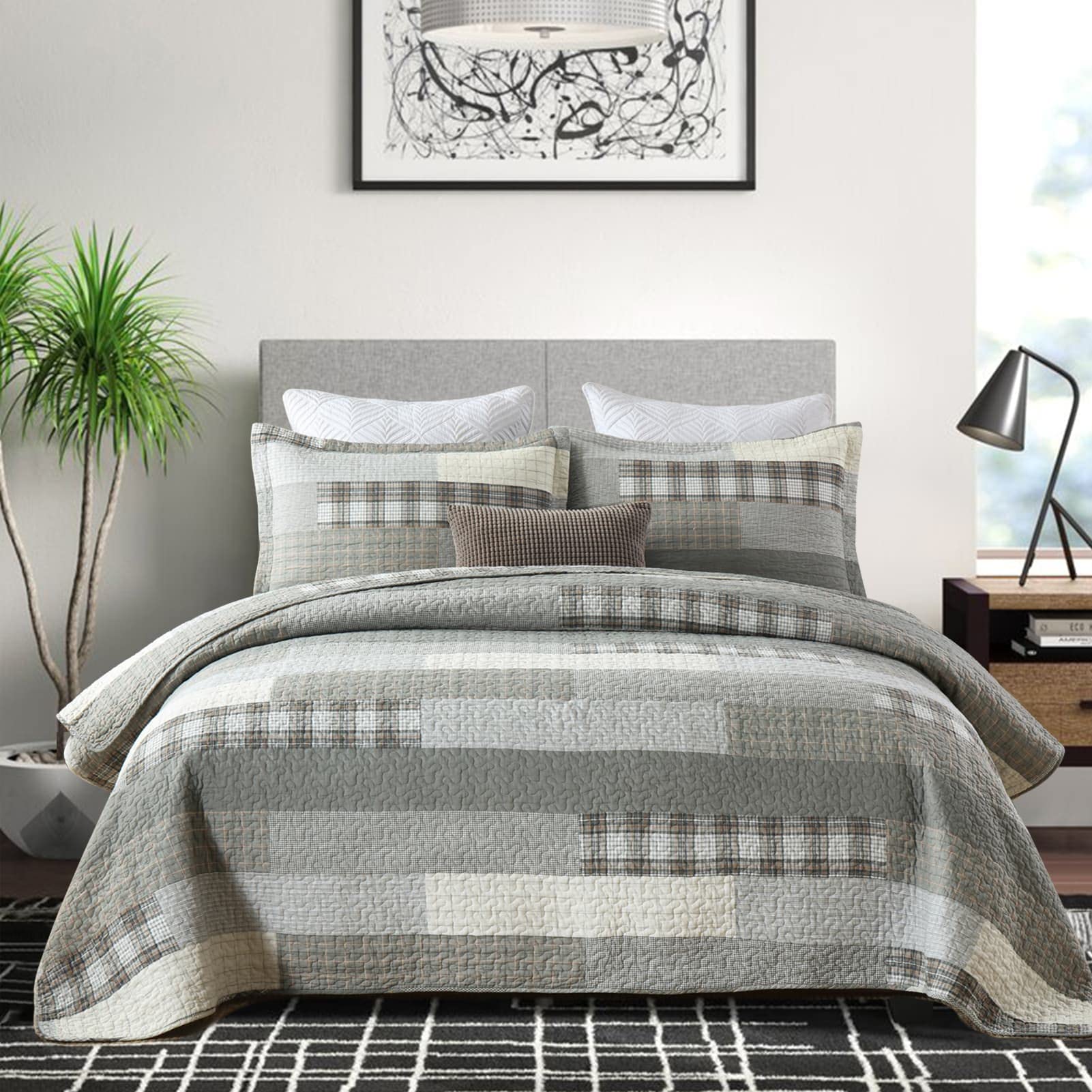 PANGUSHAN Quilts Set Queen Size,100% Cotton Patchwork Plaid Queen Quilt Bedding Set Bedspread for Queen Bed,Grey(Gray)/Cream/Kha