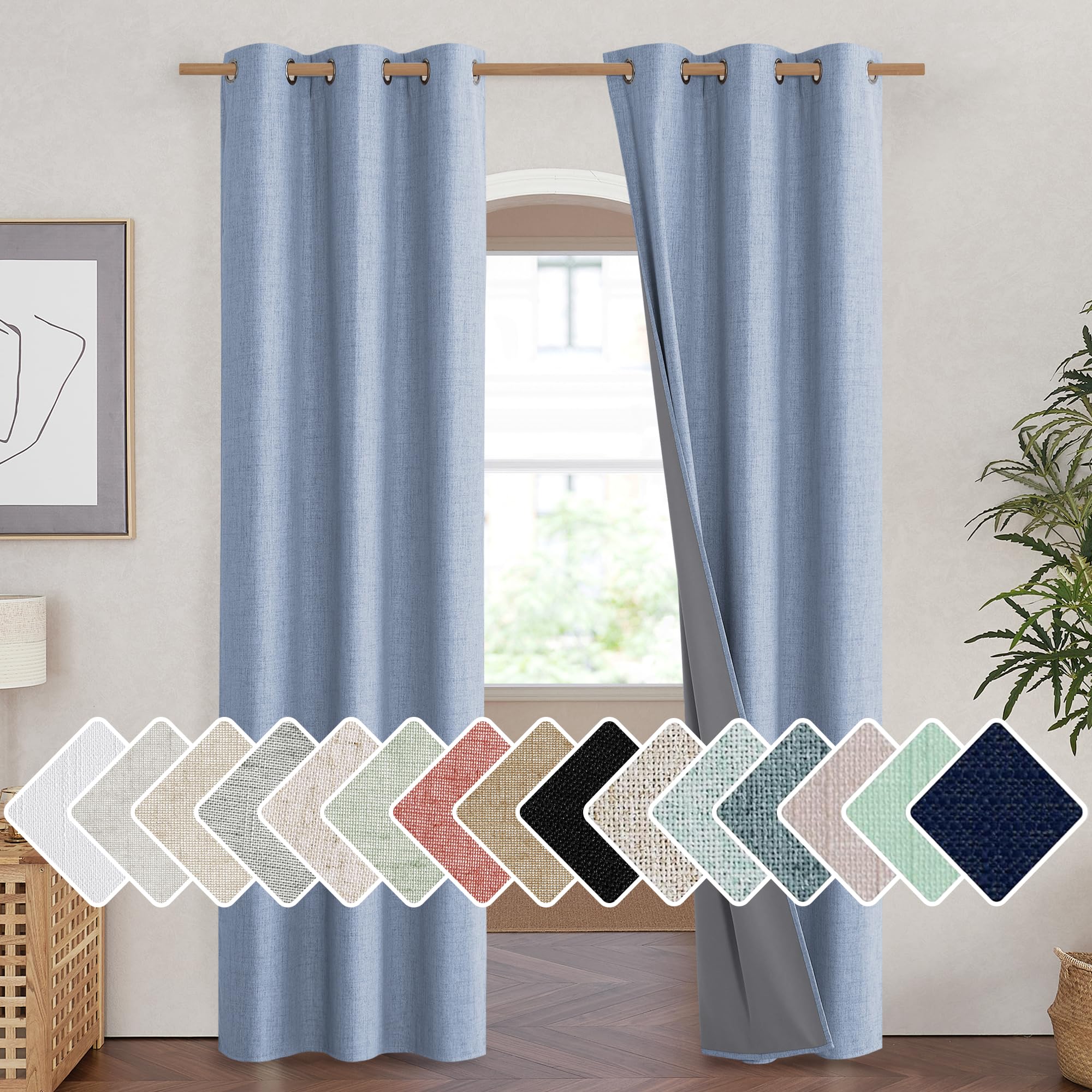NICETOWN Stone Blue Vintage Linen 100% Blackout Curtains for Living Room, Thermal Insulated Curtains 84 Long, Noise Reducing Win