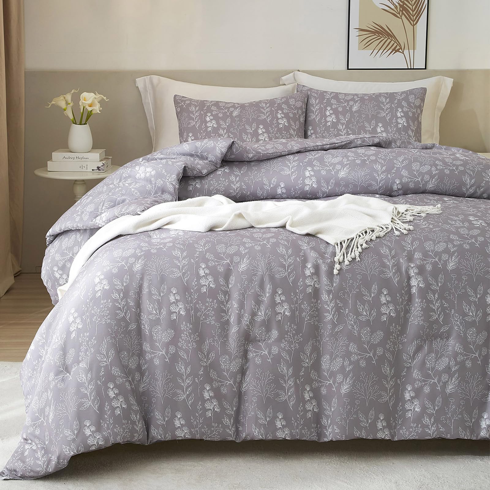 HighBuy Aesthetic Floral Duvet Cover Twin XL 100% Cotton Bedding Set for Girls Lavender Botanical Flowers Bed Comforter Cover Tw