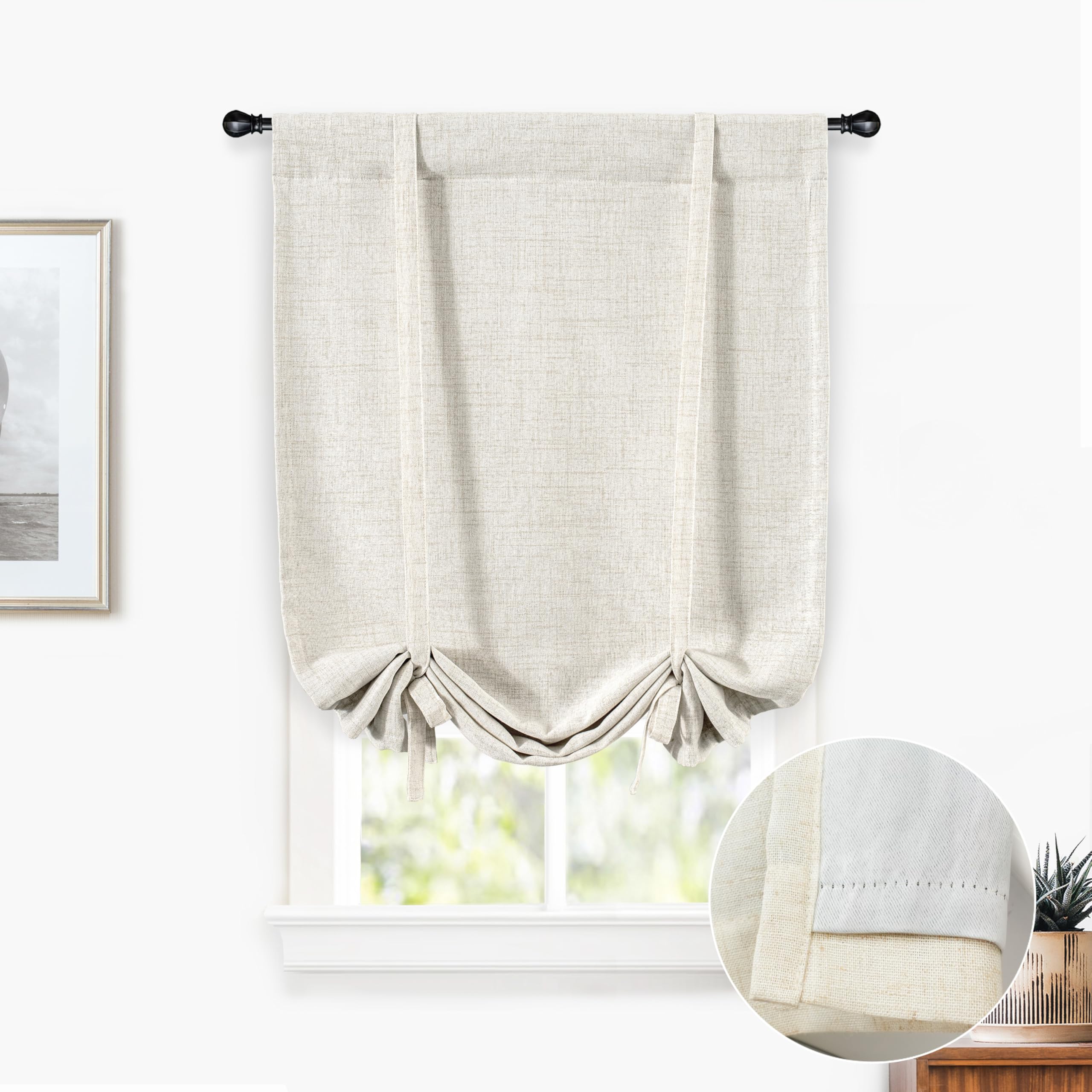 DriftAway Double Layer Linen Blackout Tie Up Curtains Thermal Insulated Fully Lined Balloon Roman Shade Bathroom Window Adjustab