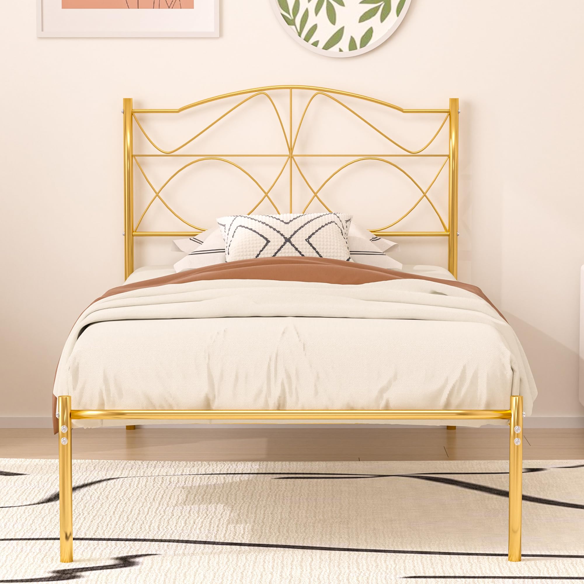 VECELO Full Size Bed Frame, Metal Bed Platform with Headboard, Sturdy Steel Slats Support, No Box Spring Needed/Noise-Free,Easy 