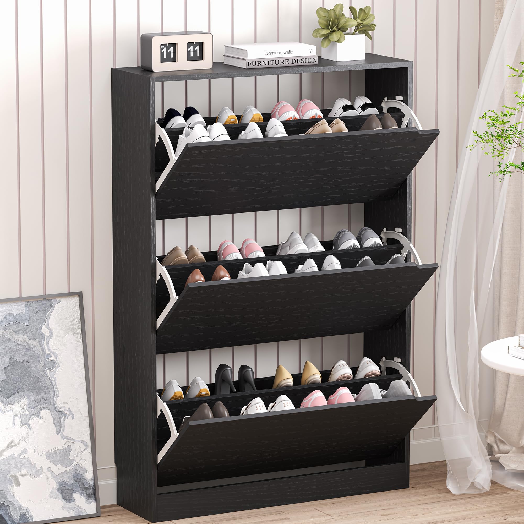BORNOON Shoe Storage Cabinet with 3 Flip Drawers,Narrow Shoe Rack Cabinet,Freestanding Shoe Organizer Storage Cabinet for Entryw